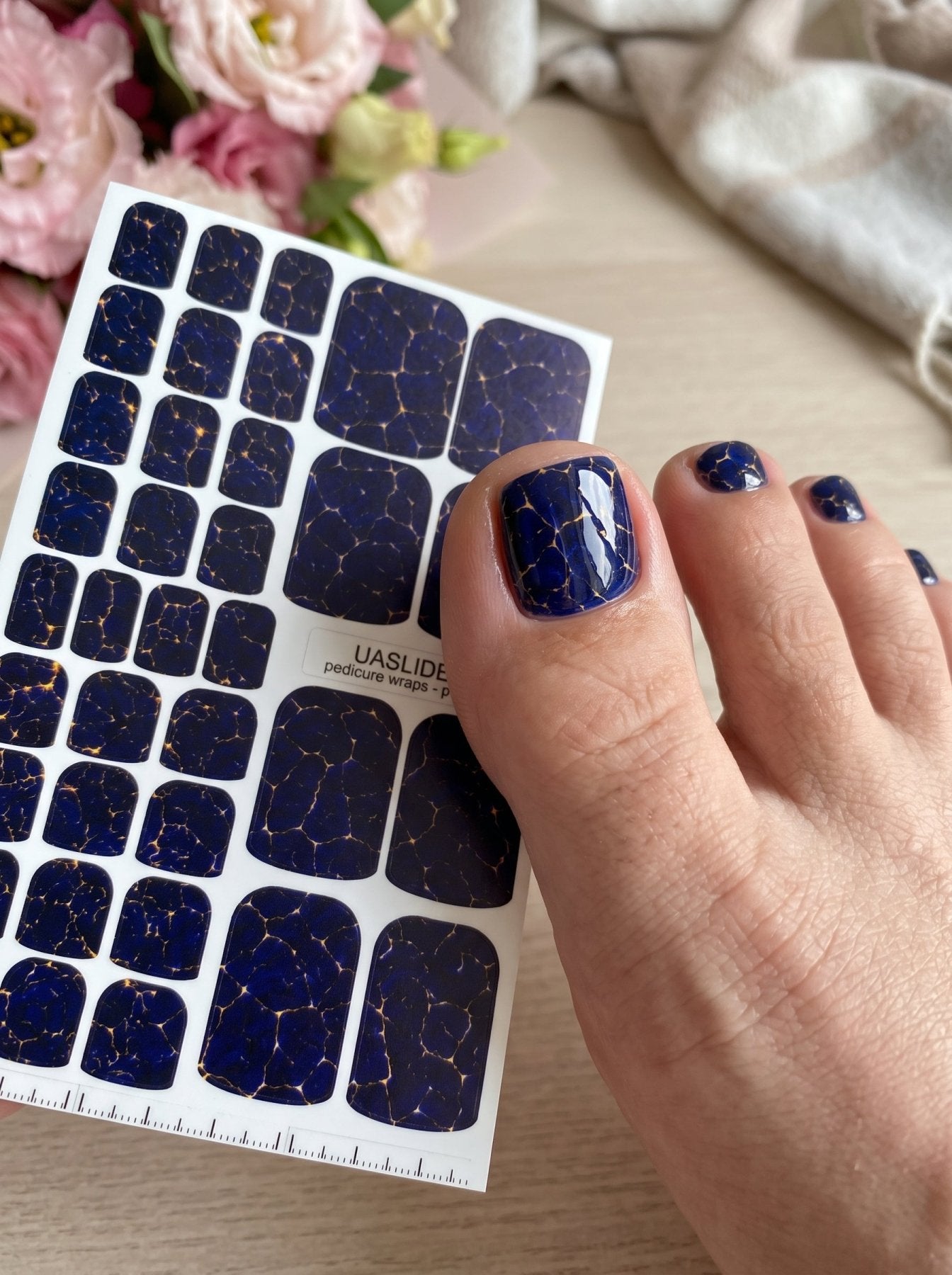 Navy Crackle Pedicure Nail Wraps — Golden Yellow Veins | pw-361 - UASLIDER
