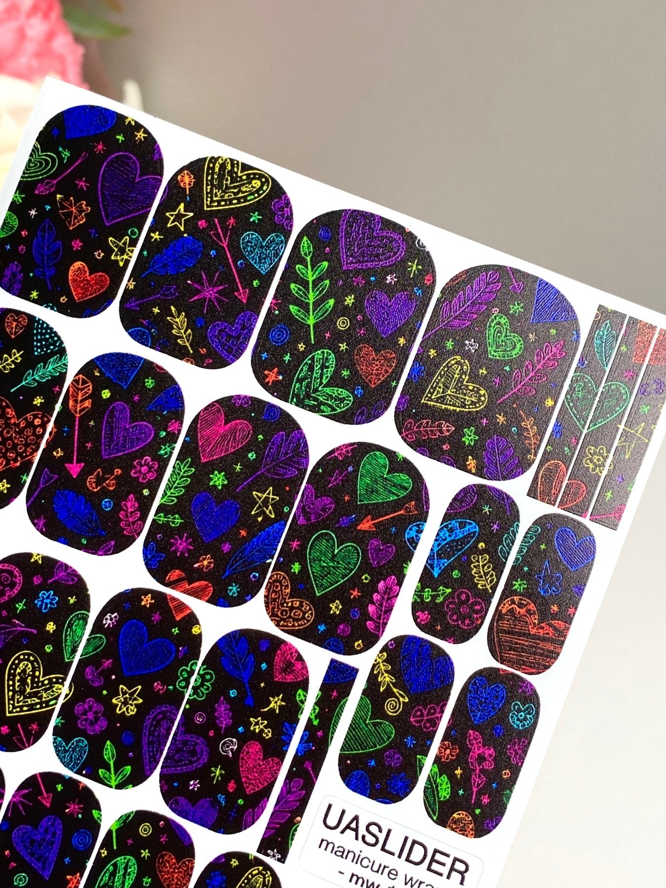Neon Doodle Hearts Manicure Nail Wraps — Colorful on Black | mw-119 - UASLIDER