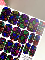 Neon Doodle Hearts Manicure Nail Wraps — Colorful on Black | mw-119 - UASLIDER