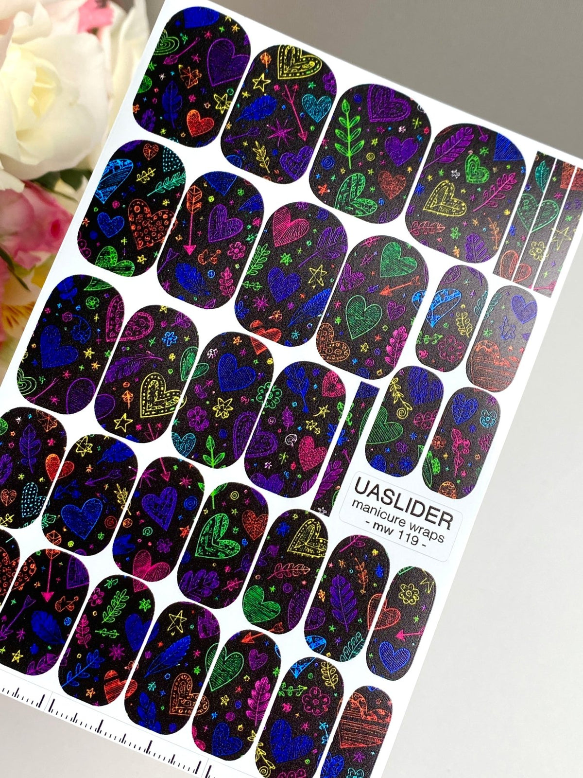 Neon Doodle Hearts Manicure Nail Wraps — Colorful on Black | mw-119 - UASLIDER