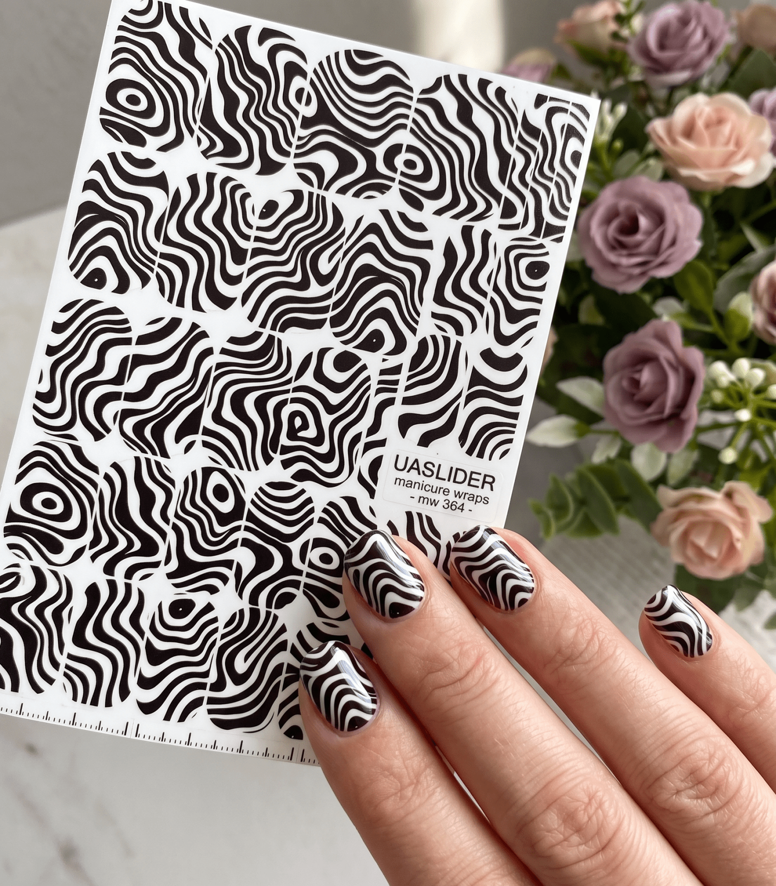 Op Art Wave Manicure Wraps — Black & White Swirls | mw-364 - UASLIDER