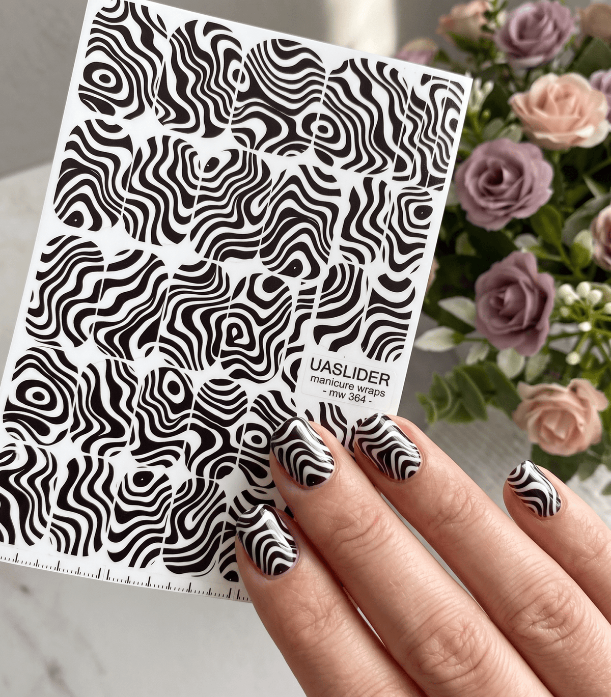 Op Art Wave Manicure Wraps — Black & White Swirls | mw-364 - UASLIDER