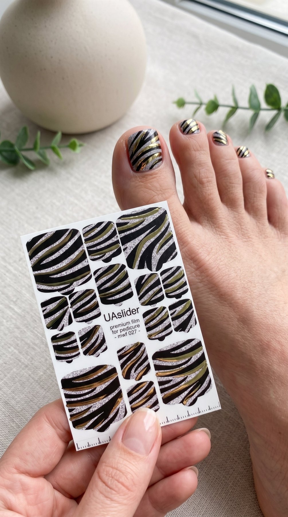Pedicure nail wrap films mwf-027 | Nail Wrap Films for Pedicure | Black & Gold Zebra Foil Design - UASLIDER