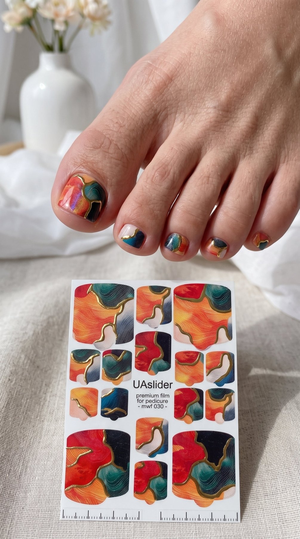Pedicure nail wrap films mwf-030 | Nail Wrap Films for Pedicure | Abstract Red-Teal Marble with Gold Foil - UASLIDER