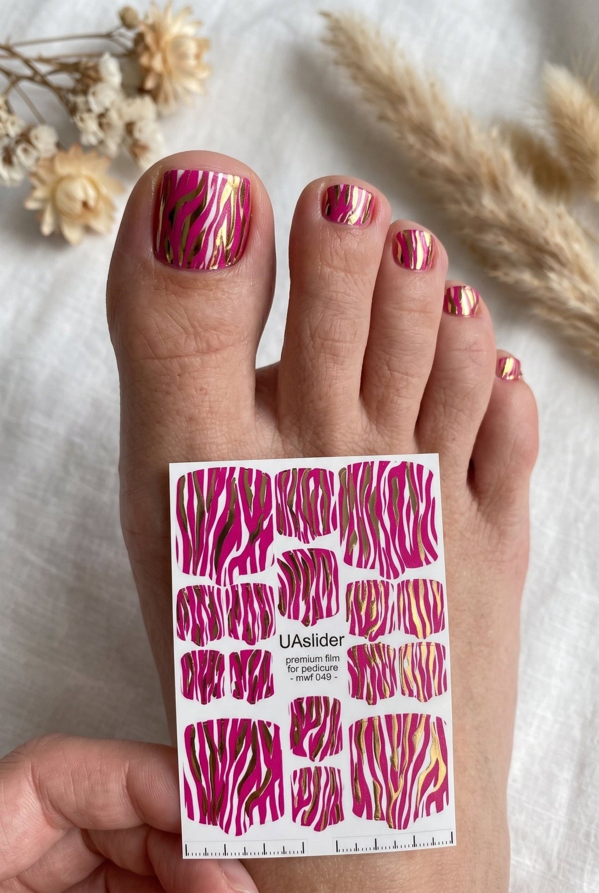 Pedicure nail wrap films mwf-049 | Nail Wrap Films for Pedicure | Hot Pink Zebra Print with Gold Foil - UASLIDER