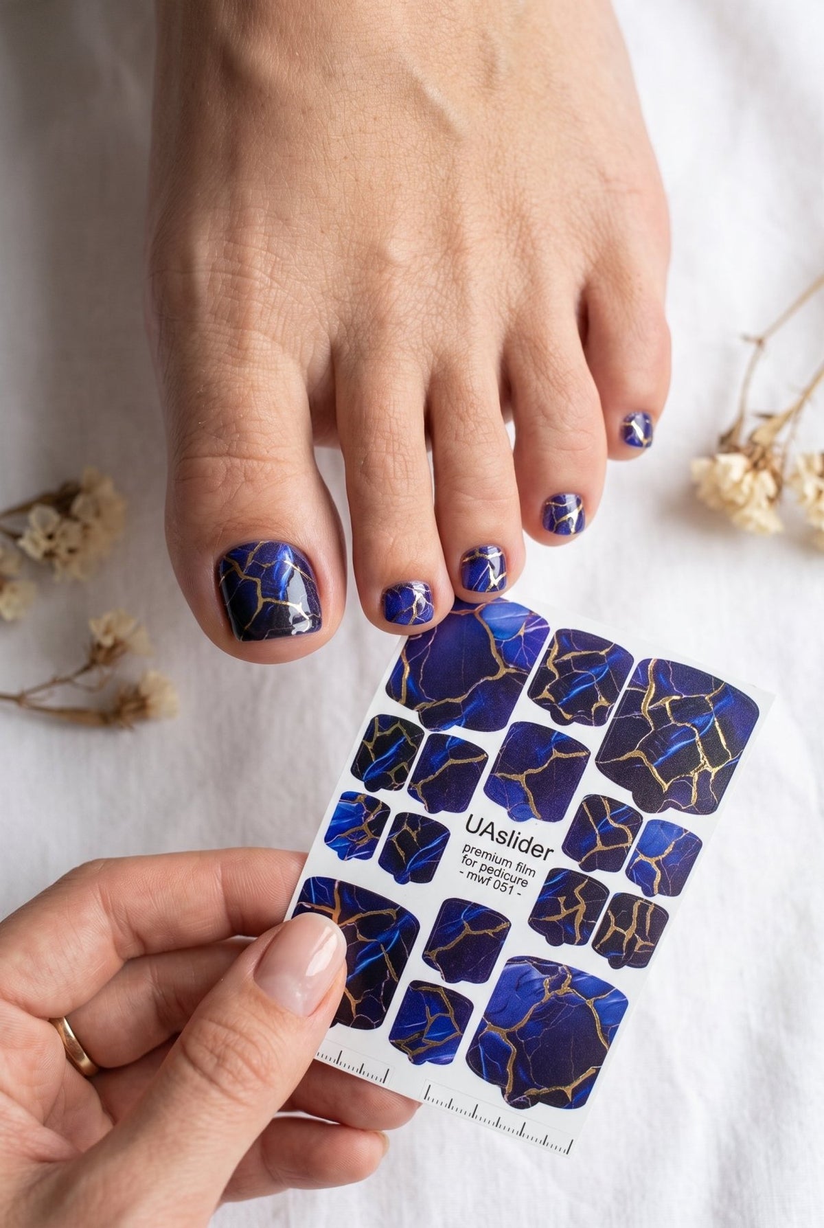 Pedicure nail wrap films mwf-051 | Nail Wrap Films for Pedicure | Deep Blue Marble with Gold Foil - UASLIDER