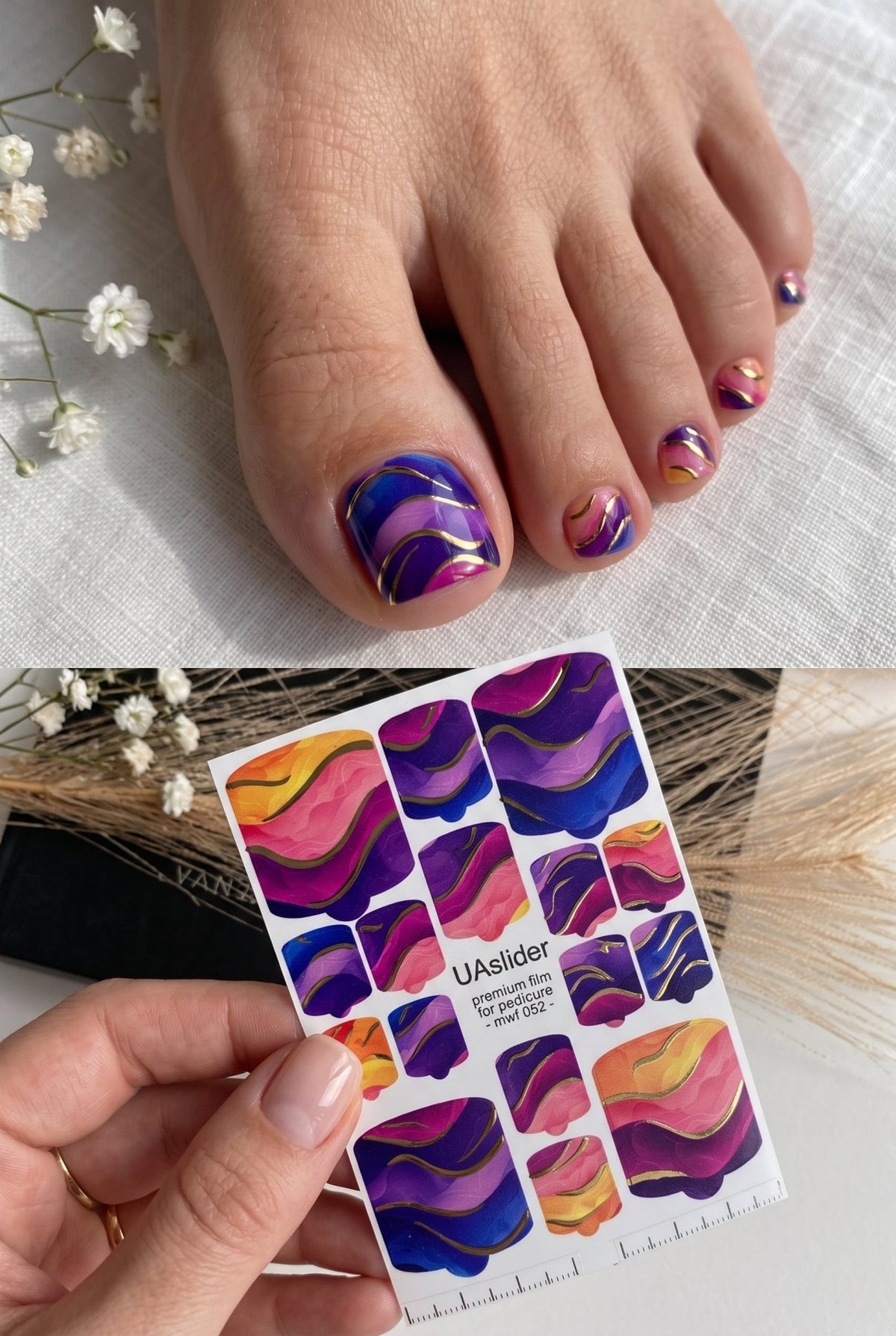 Pedicure nail wrap films mwf-052 | Nail Wrap Films for Pedicure | Sunset Gradient with Gold Foil - UASLIDER