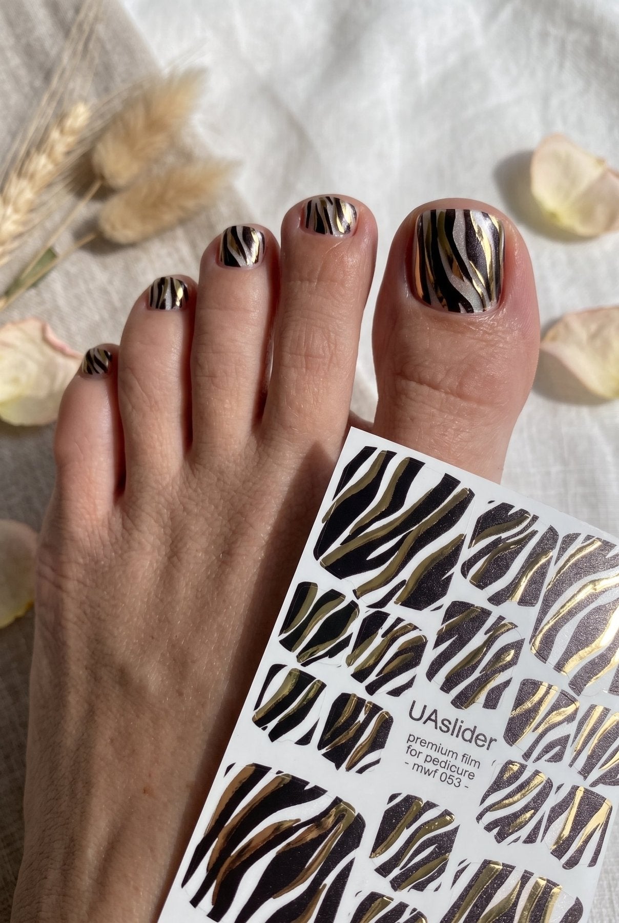 Pedicure nail wrap films mwf-053 | Nail Wrap Films for Pedicure | Black Zebra Print with Gold Foil - UASLIDER