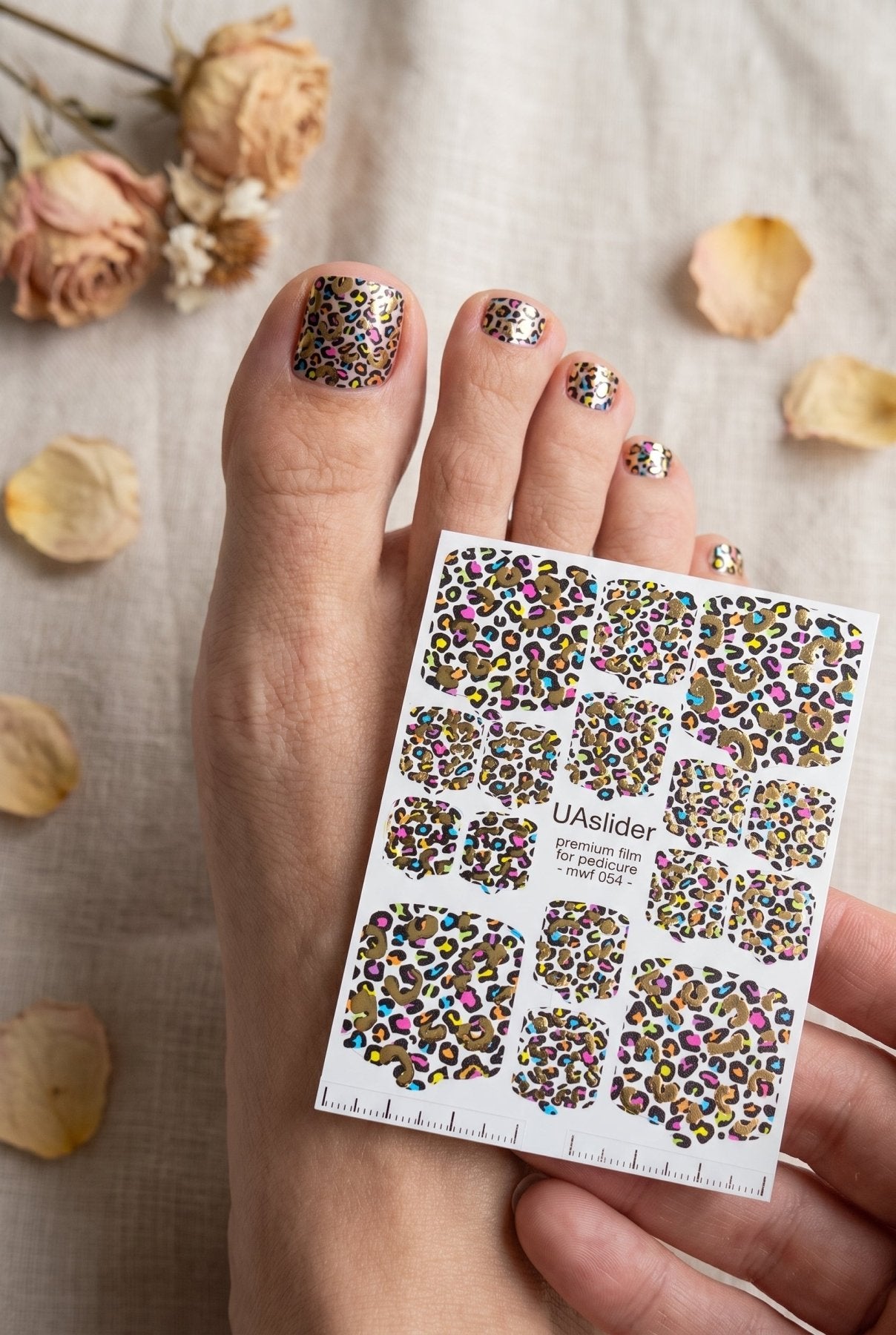 Pedicure nail wrap films mwf-054 | Nail Wrap Films for Pedicure | Colorful Leopard Print with Gold Foil - UASLIDER