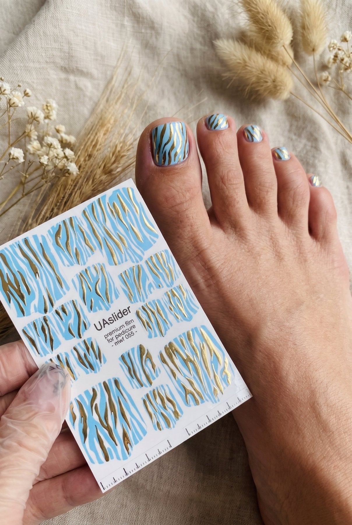 Pedicure nail wrap films mwf-055 | Nail Wrap Films for Pedicure | Light Blue Zebra Print with Gold Foil - UASLIDER