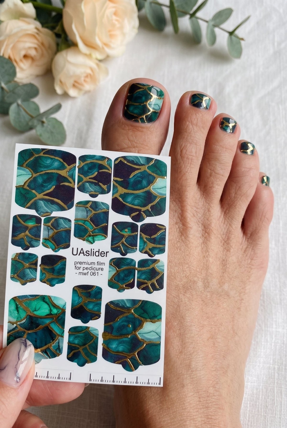 Pedicure nail wrap films mwf-061 | Nail Wrap Films for Pedicure | Emerald Marble with Gold Foil - UASLIDER