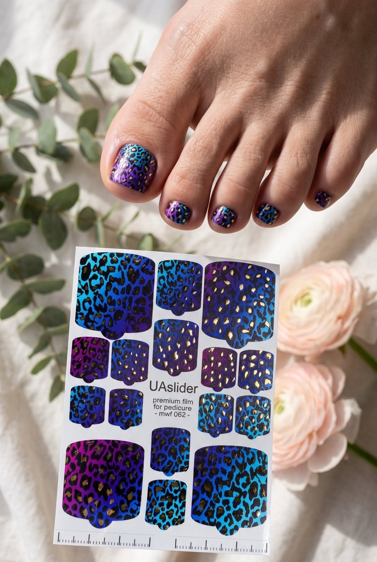 Pedicure nail wrap films mwf-062 | Nail Wrap Films for Pedicure | Blue & Purple Leopard Print with Gold Foil - UASLIDER
