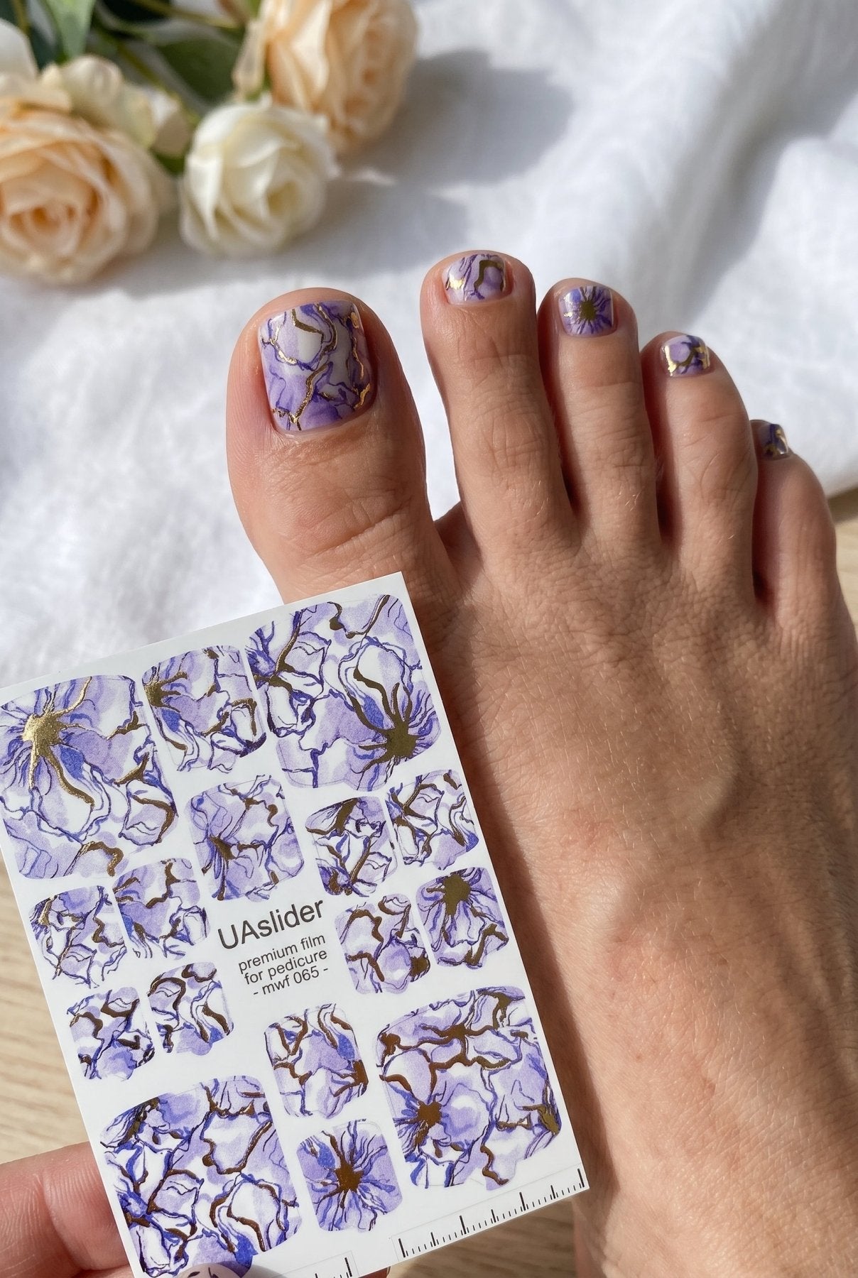 Pedicure nail wrap films mwf-065 | Nail Wrap Films for Pedicure | Lavender Floral Design with Gold Foil - UASLIDER