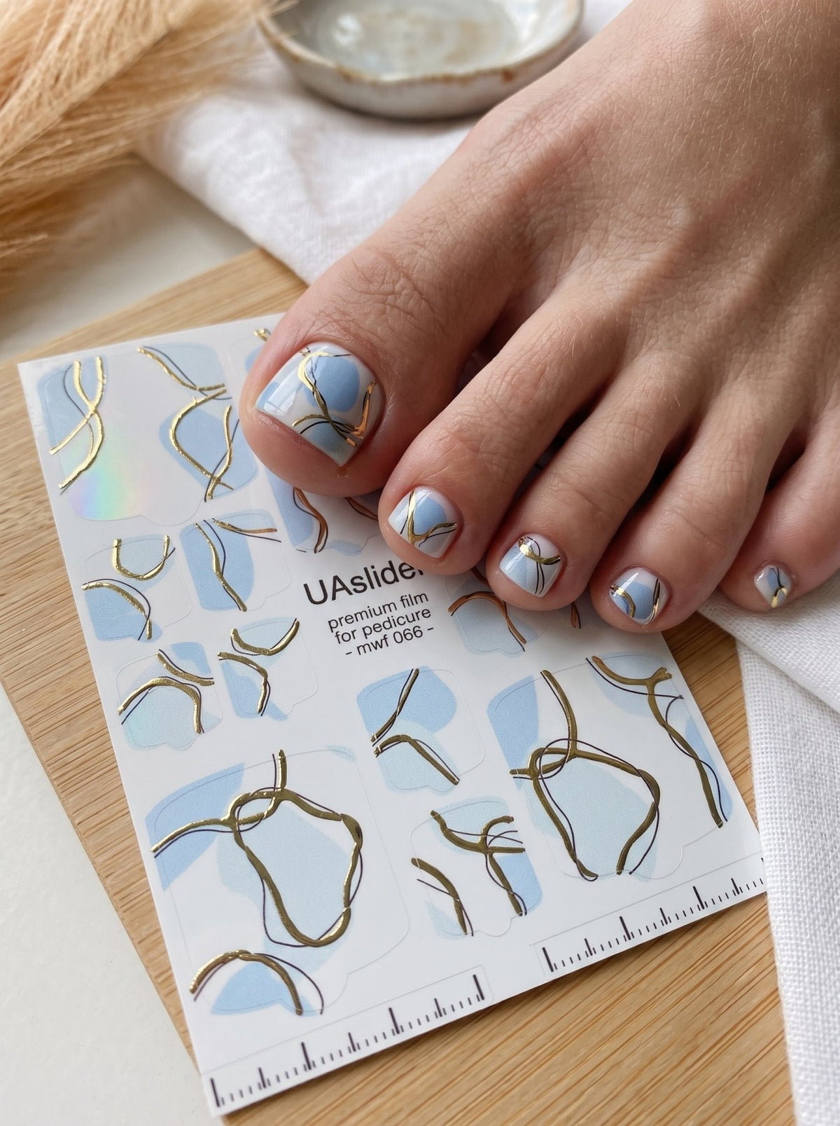 Pedicure nail wrap films mwf-066 | Nail Wrap Films for Pedicure | Light Blue Abstract Design with Gold Foil - UASLIDER