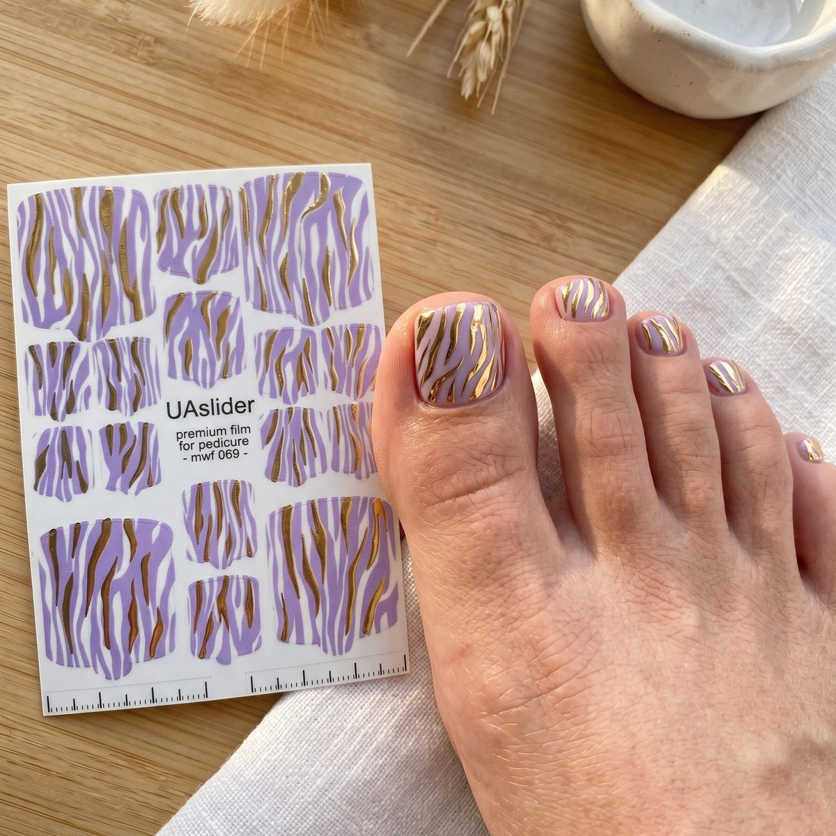 Pedicure nail wrap films mwf-069 | Nail Wrap Films for Pedicure | Lilac Zebra Print with Gold Foil - UASLIDER