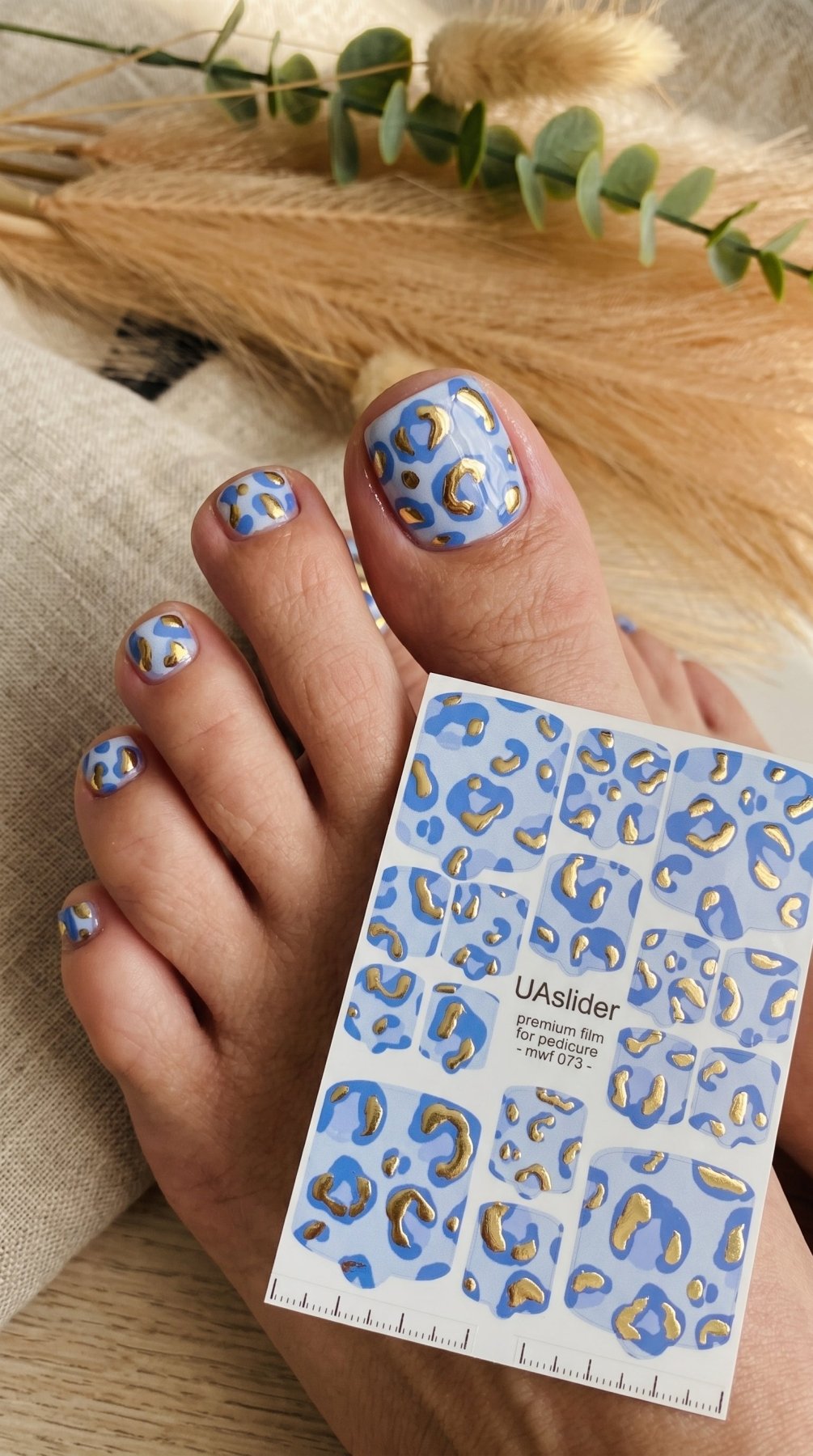 Pedicure nail wrap films mwf-073 | Nail Wrap Films for Pedicure | Blue Leopard Pattern with Gold Foil - UASLIDER