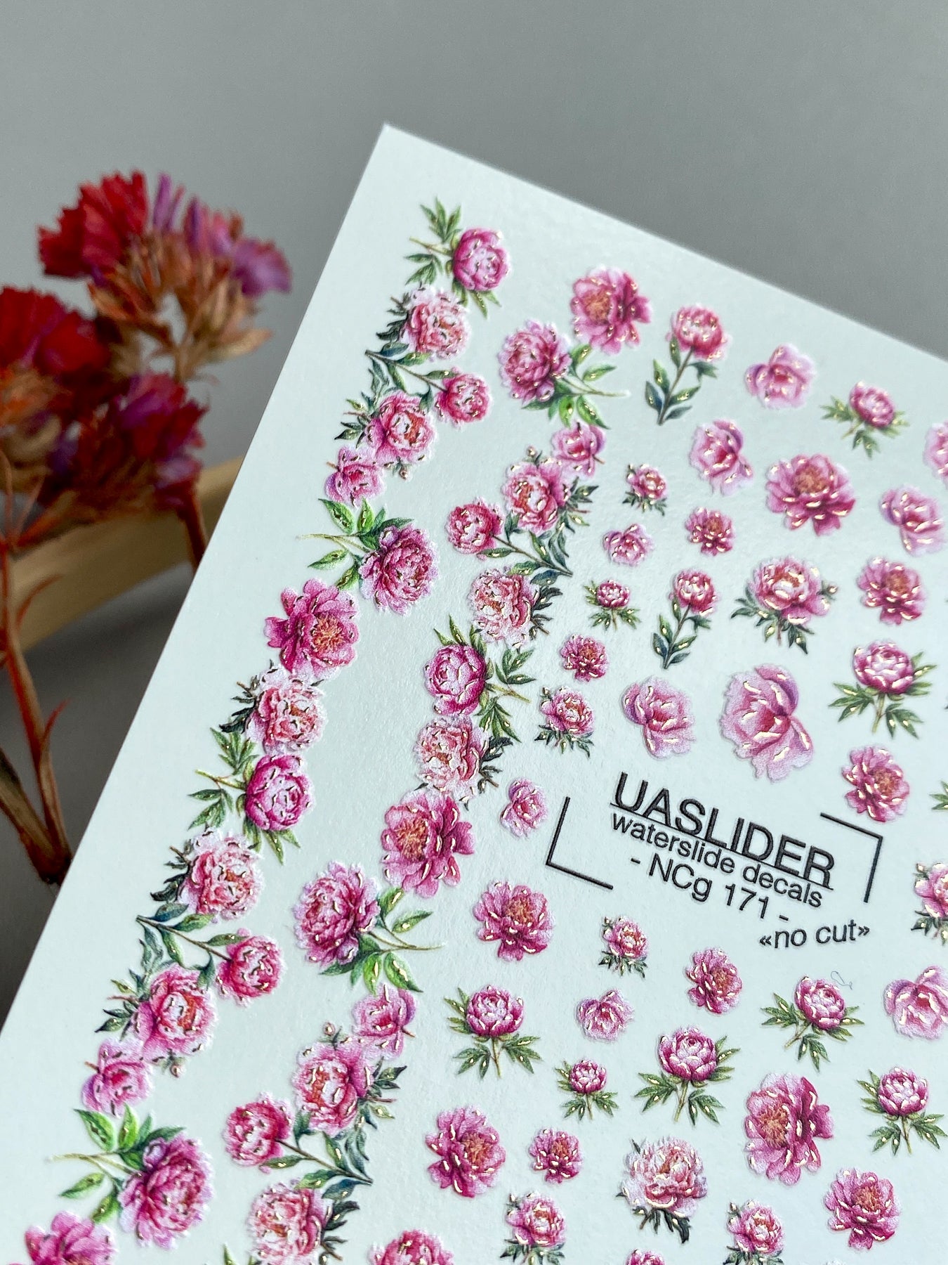 Peony Nail Decals — Pink Floral Bouquets & Gold Foil | NCg-171 - UASLIDER
