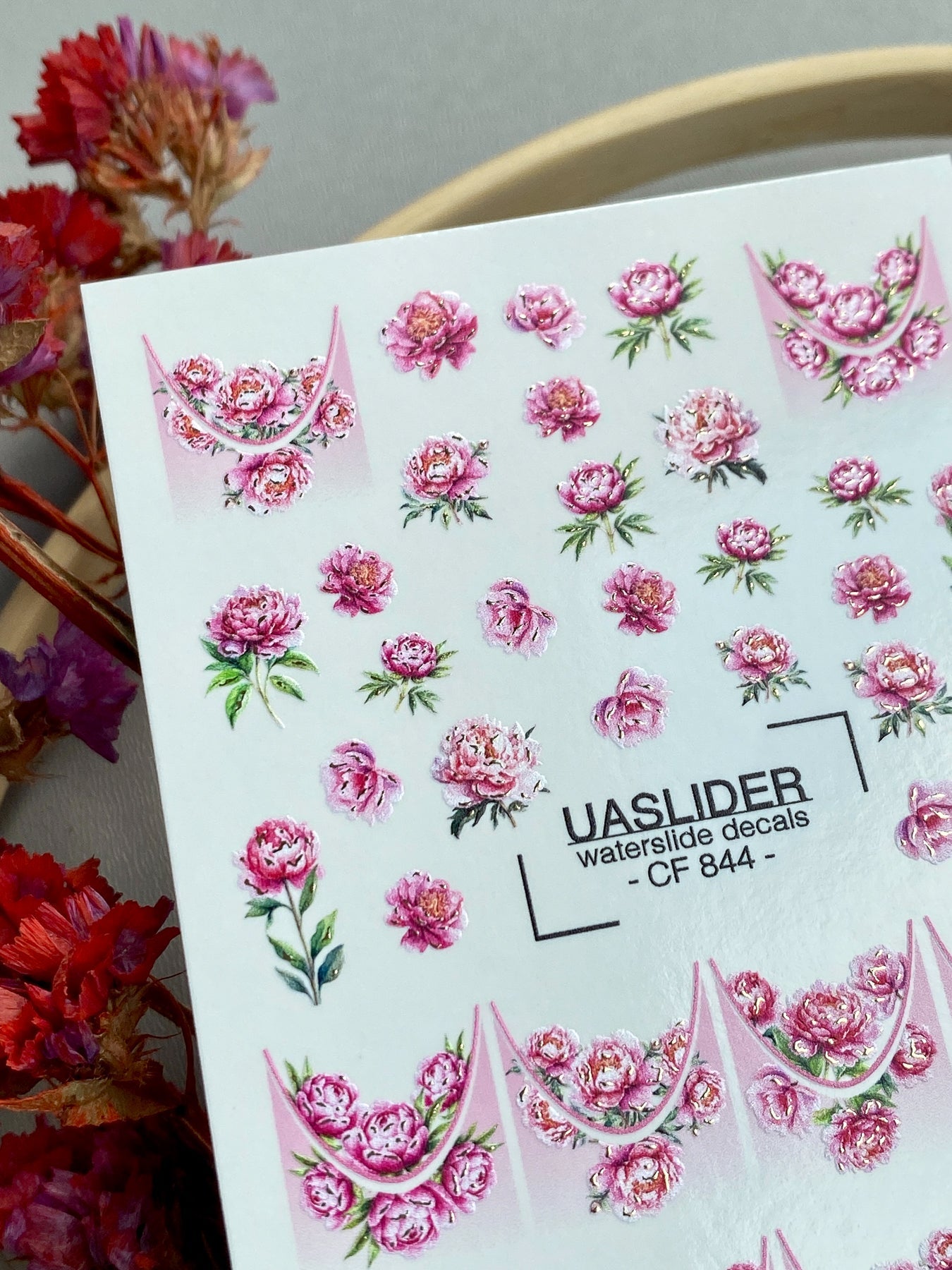 Peony Nail Decals — Pink Flowers & Gold Foil French Tips | CF-844 - UASLIDER
