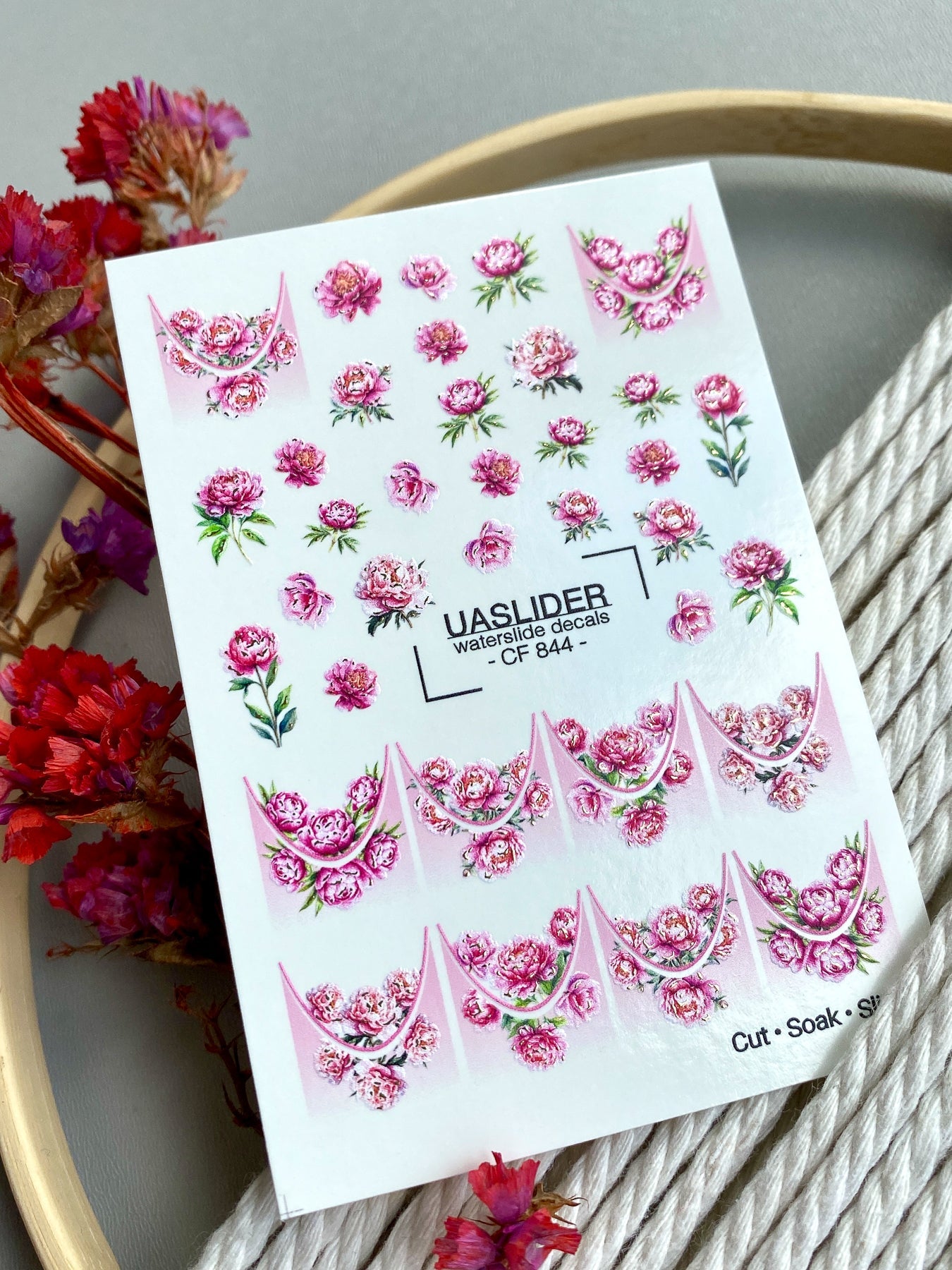 Peony Nail Decals — Pink Flowers & Gold Foil French Tips | CF-844 - UASLIDER