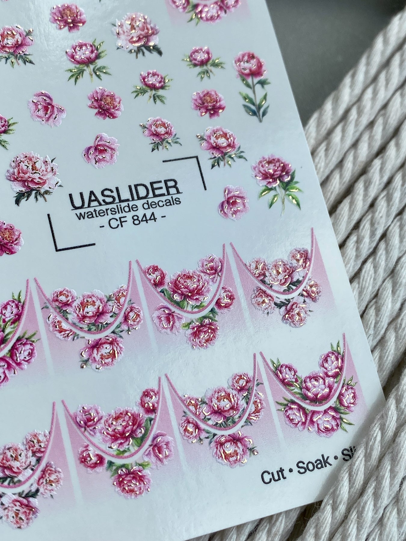Peony Nail Decals — Pink Flowers & Gold Foil French Tips | CF-844 - UASLIDER