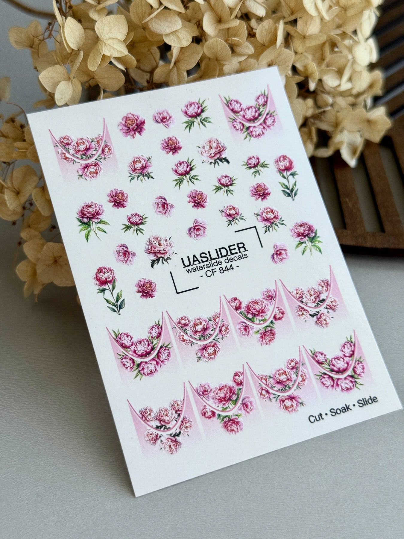 Peony Nail Decals — Pink Flowers & Gold Foil French Tips | CF-844 - UASLIDER