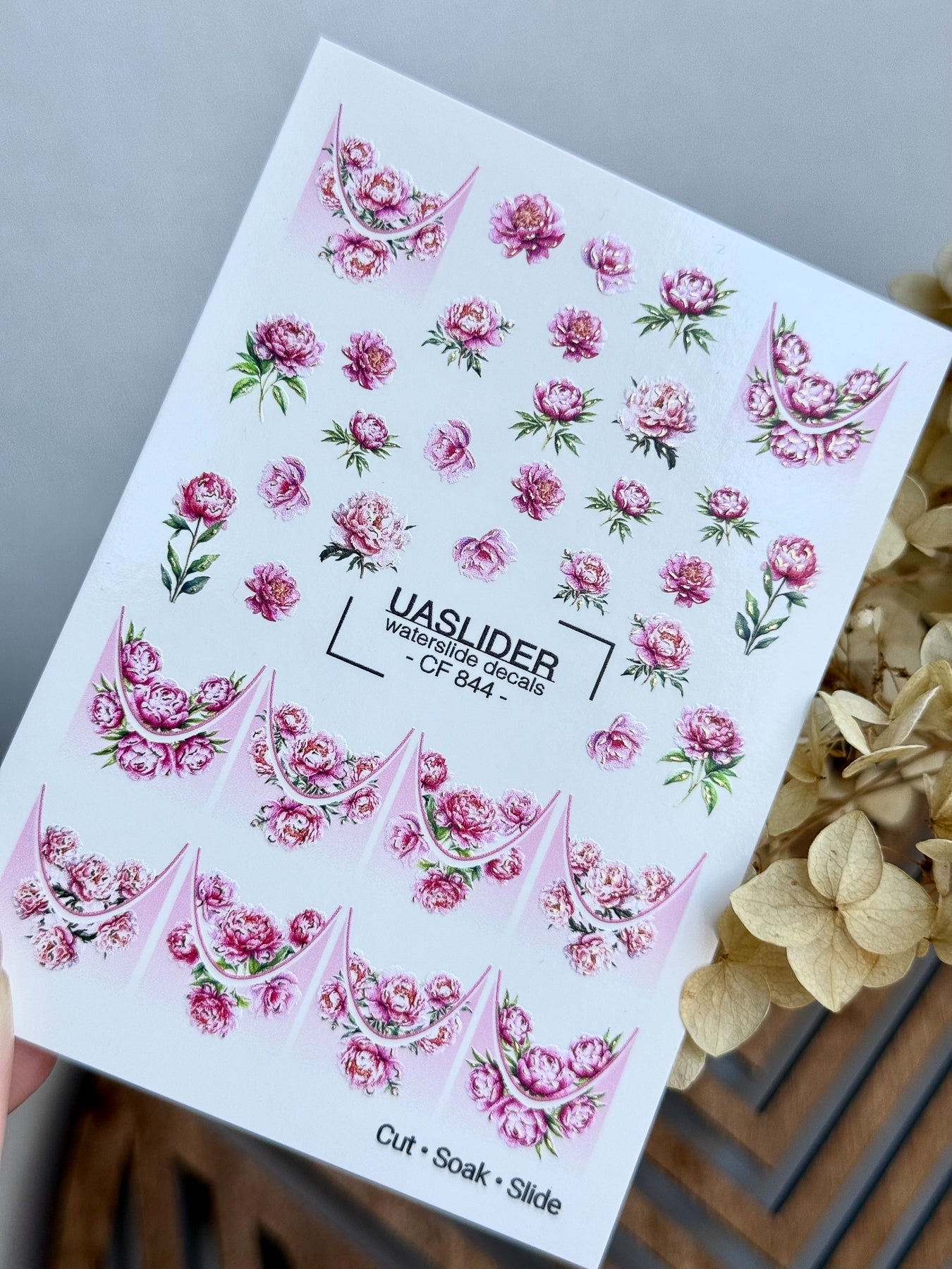 Peony Nail Decals — Pink Flowers & Gold Foil French Tips | CF-844 - UASLIDER