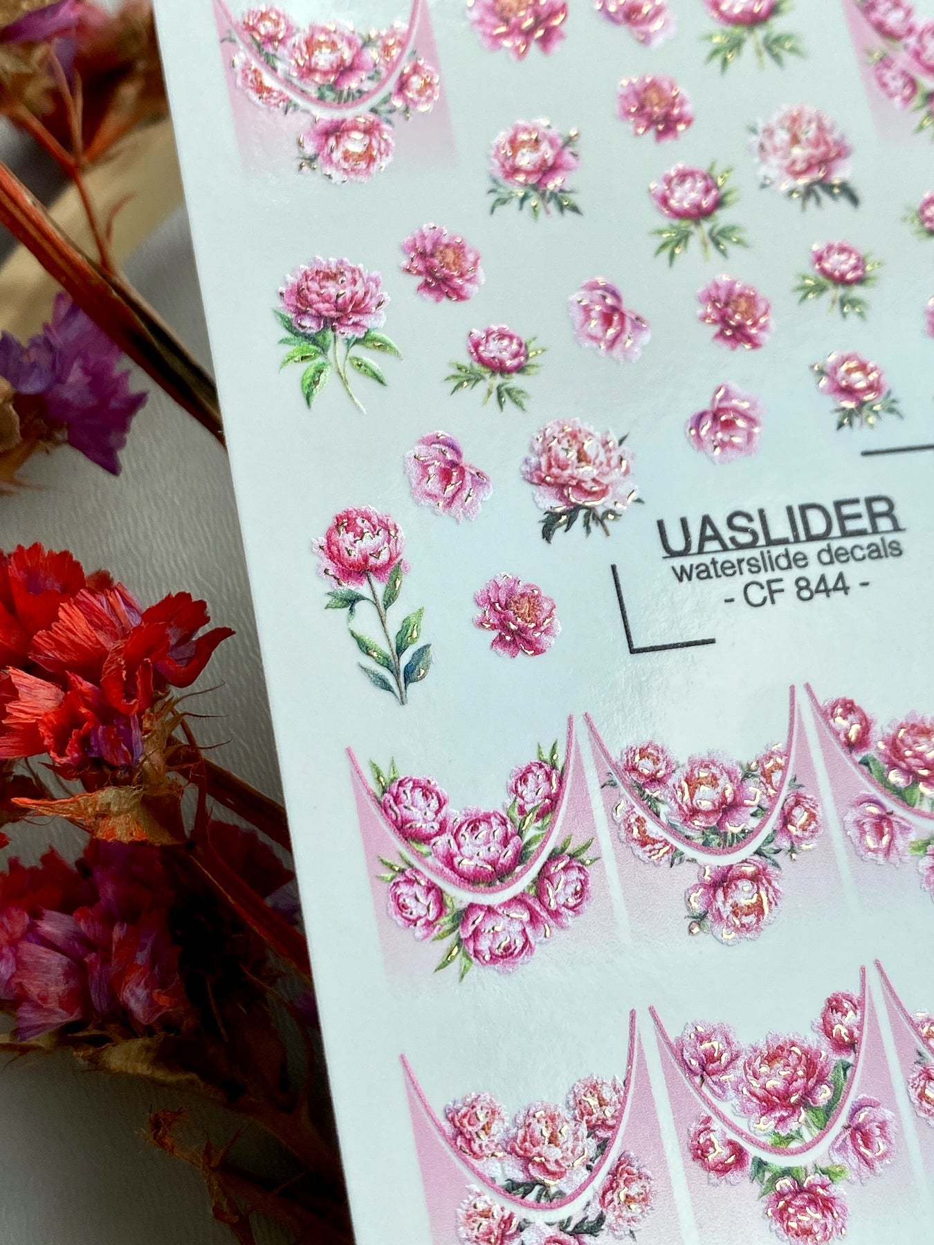 Peony Nail Decals — Pink Flowers & Gold Foil French Tips | CF-844 - UASLIDER