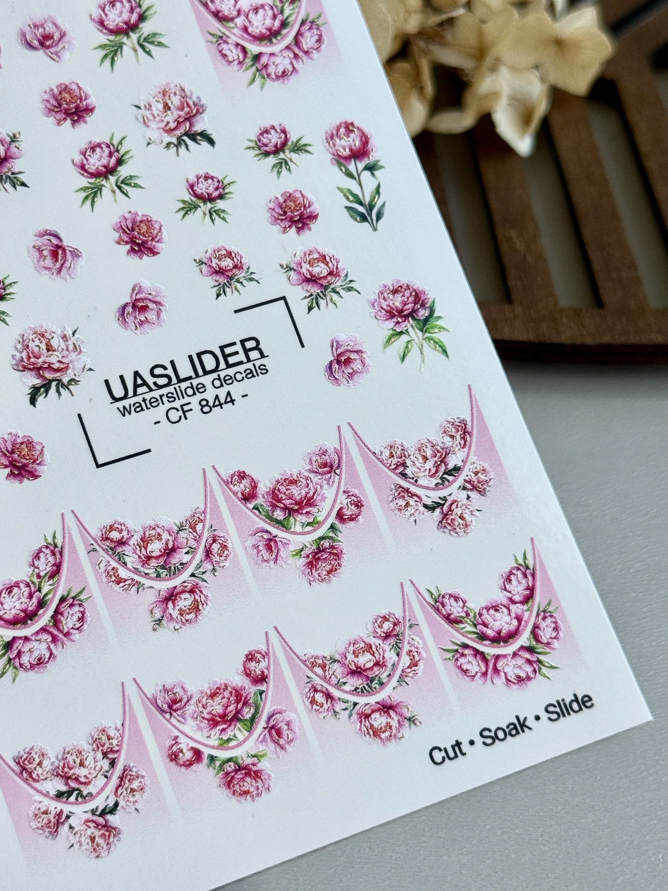 Peony Nail Decals — Pink Flowers & Gold Foil French Tips | CF-844 - UASLIDER