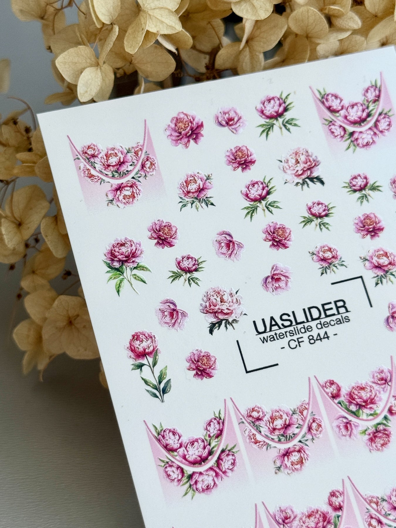 Peony Nail Decals — Pink Flowers & Gold Foil French Tips | CF-844 - UASLIDER