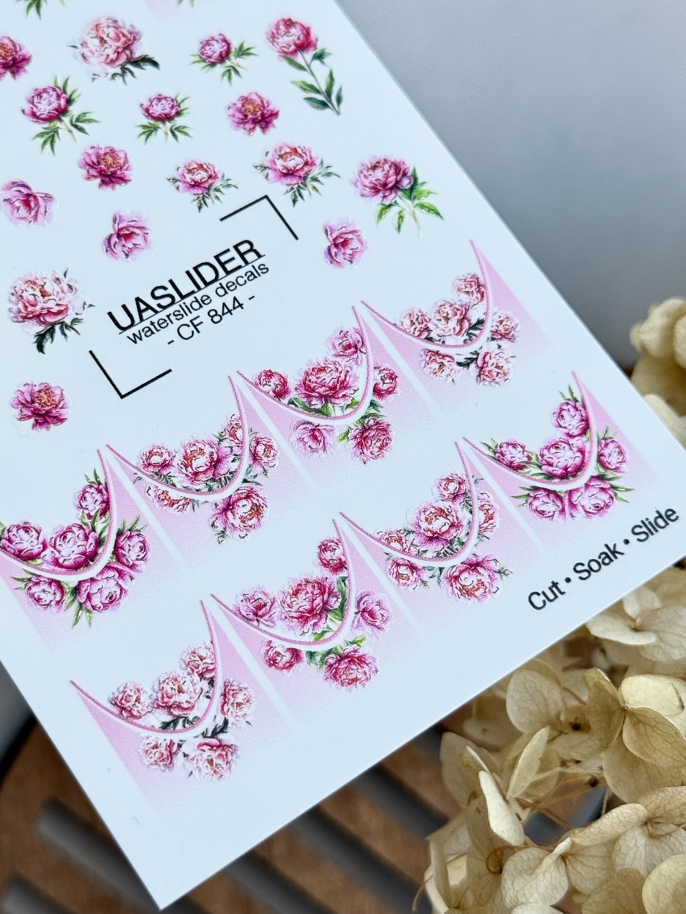 Peony Nail Decals — Pink Flowers & Gold Foil French Tips | CF-844 - UASLIDER