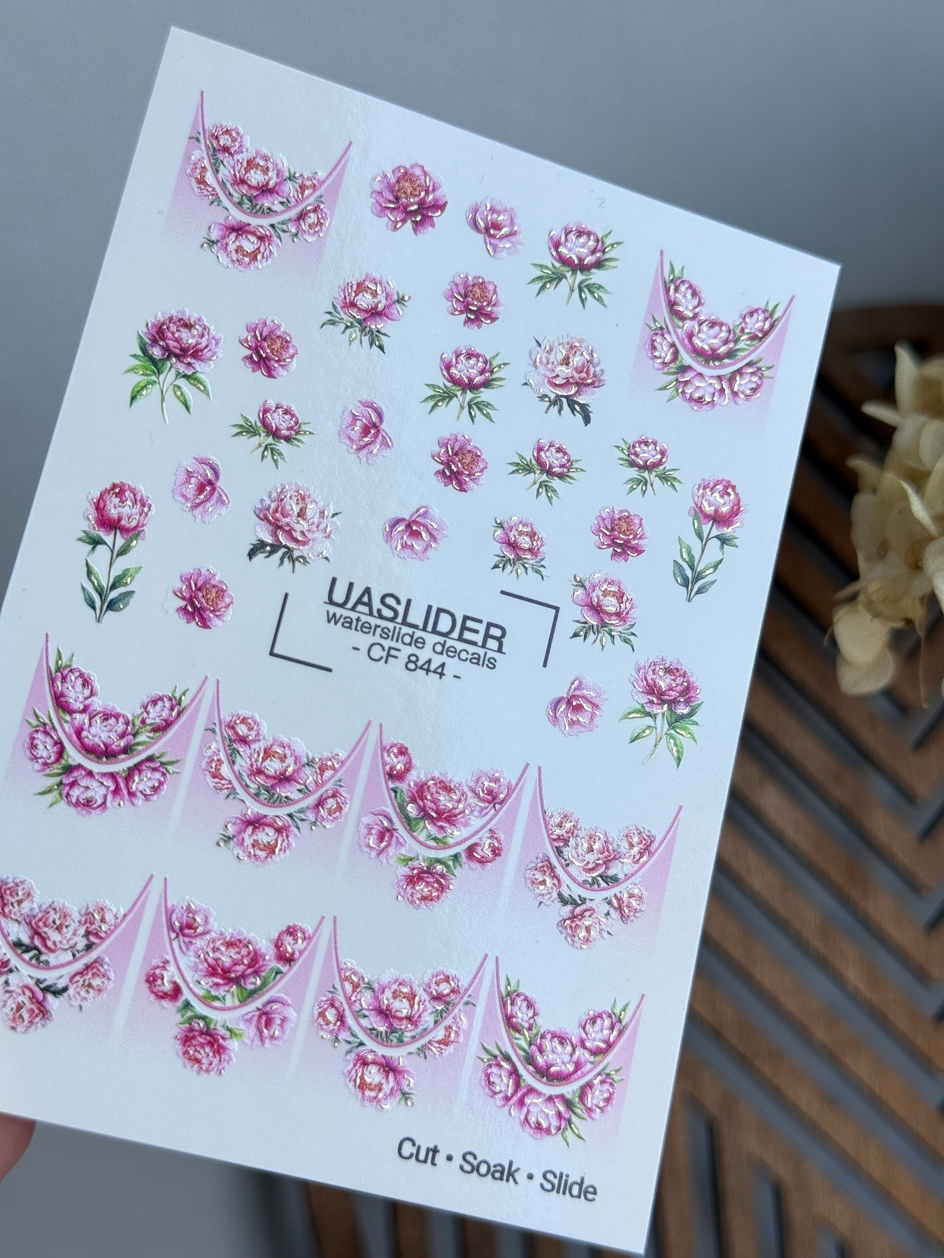Peony Nail Decals — Pink Flowers & Gold Foil French Tips | CF-844 - UASLIDER
