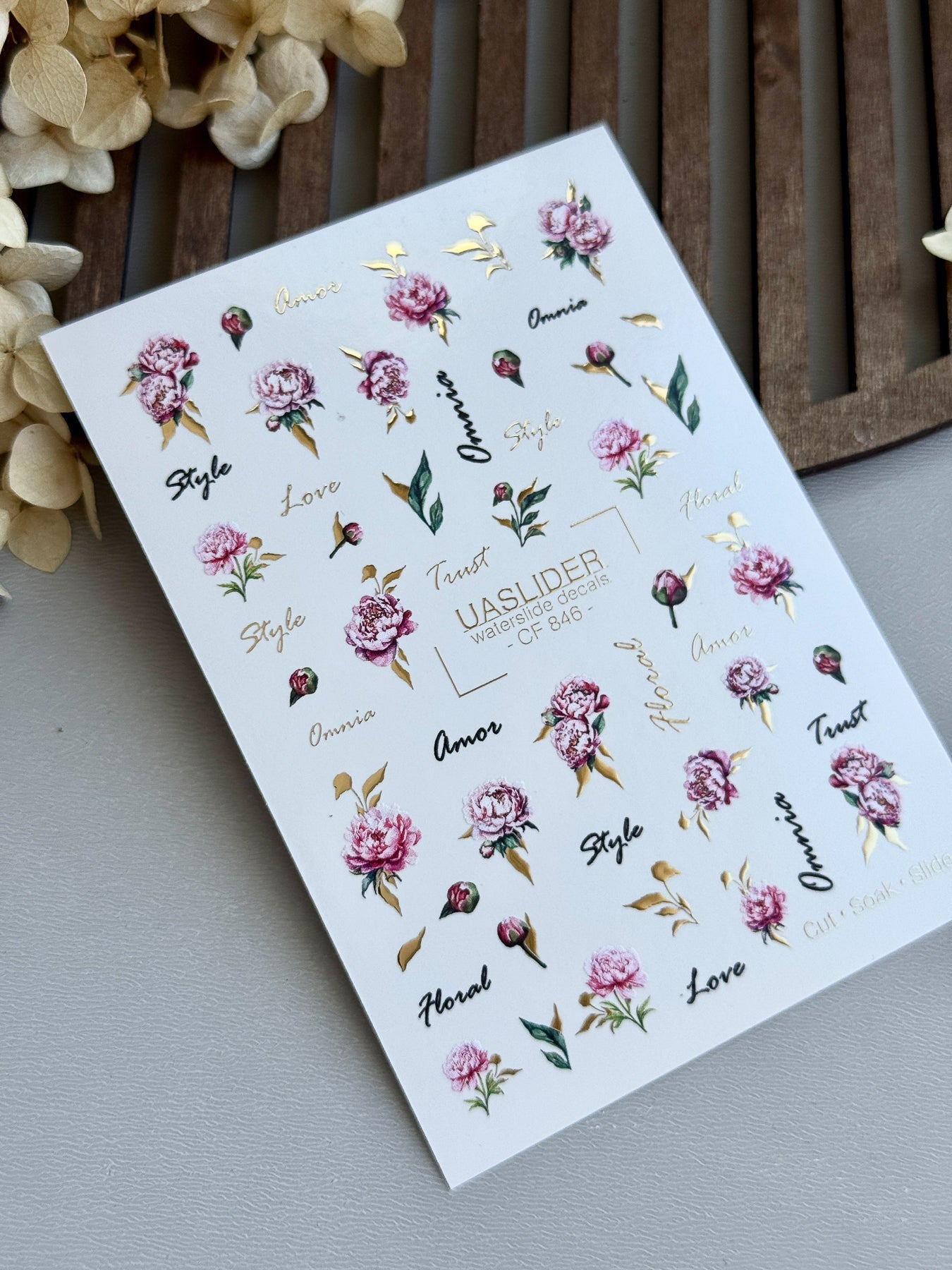 Peony Nail Decals — Pink Flowers, Script Words & Gold Foil | CF-846 - UASLIDER