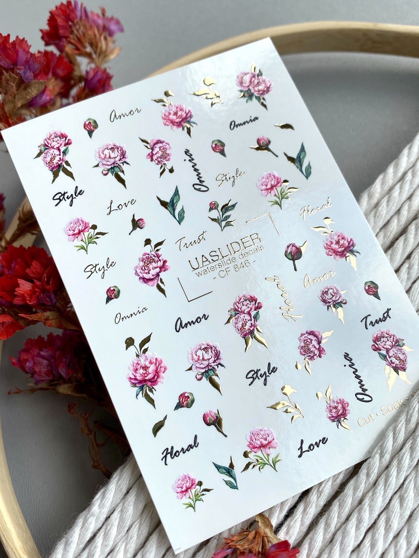 Peony Nail Decals — Pink Flowers, Script Words & Gold Foil | CF-846 - UASLIDER