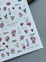 Peony Nail Decals — Pink Flowers, Script Words & Gold Foil | CF-846 - UASLIDER