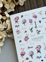 Peony Nail Decals — Pink Flowers, Script Words & Gold Foil | CF-846 - UASLIDER