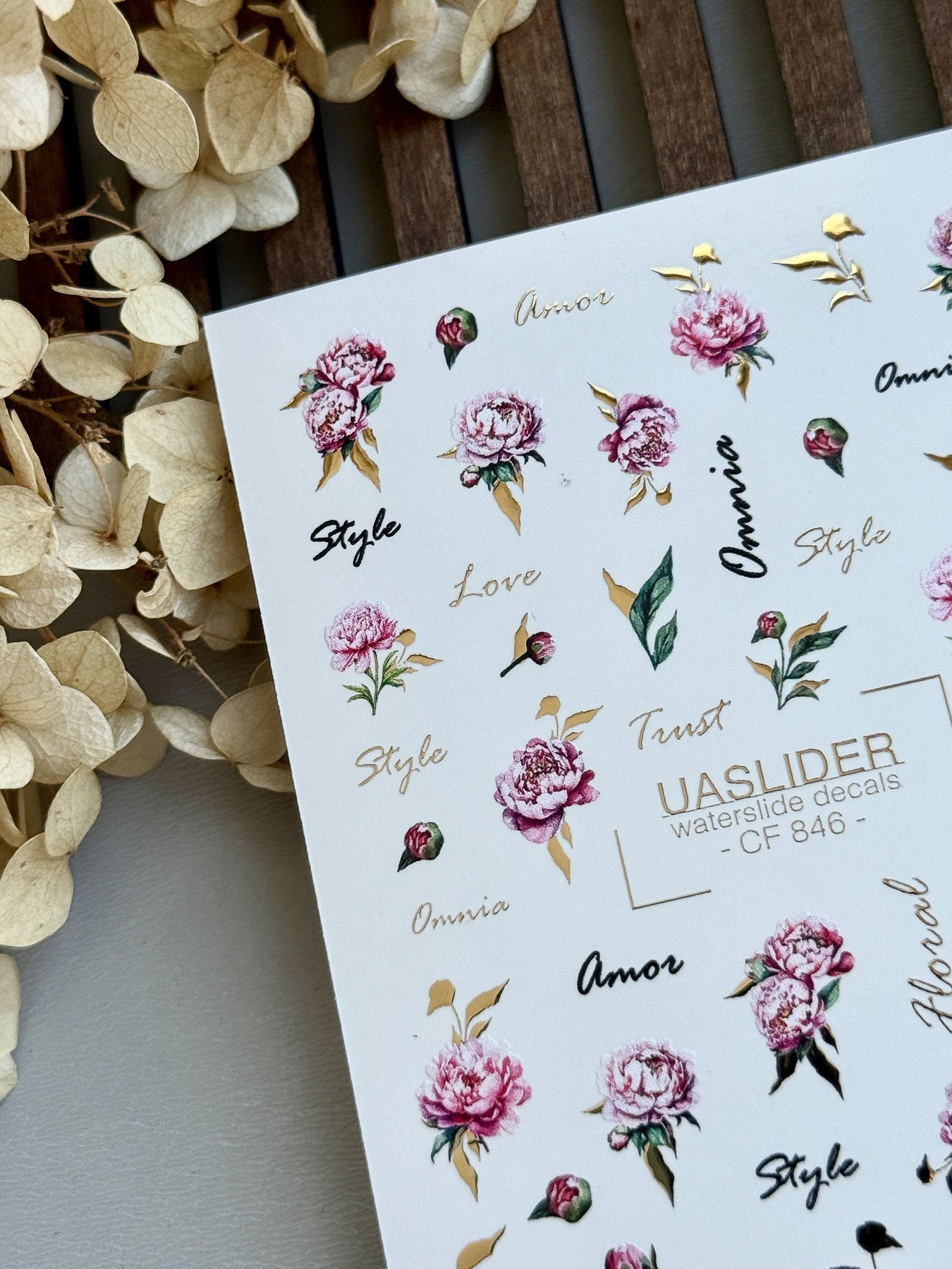 Peony Nail Decals — Pink Flowers, Script Words & Gold Foil | CF-846 - UASLIDER