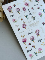 Peony Nail Decals — Pink Flowers, Script Words & Gold Foil | CF-846 - UASLIDER