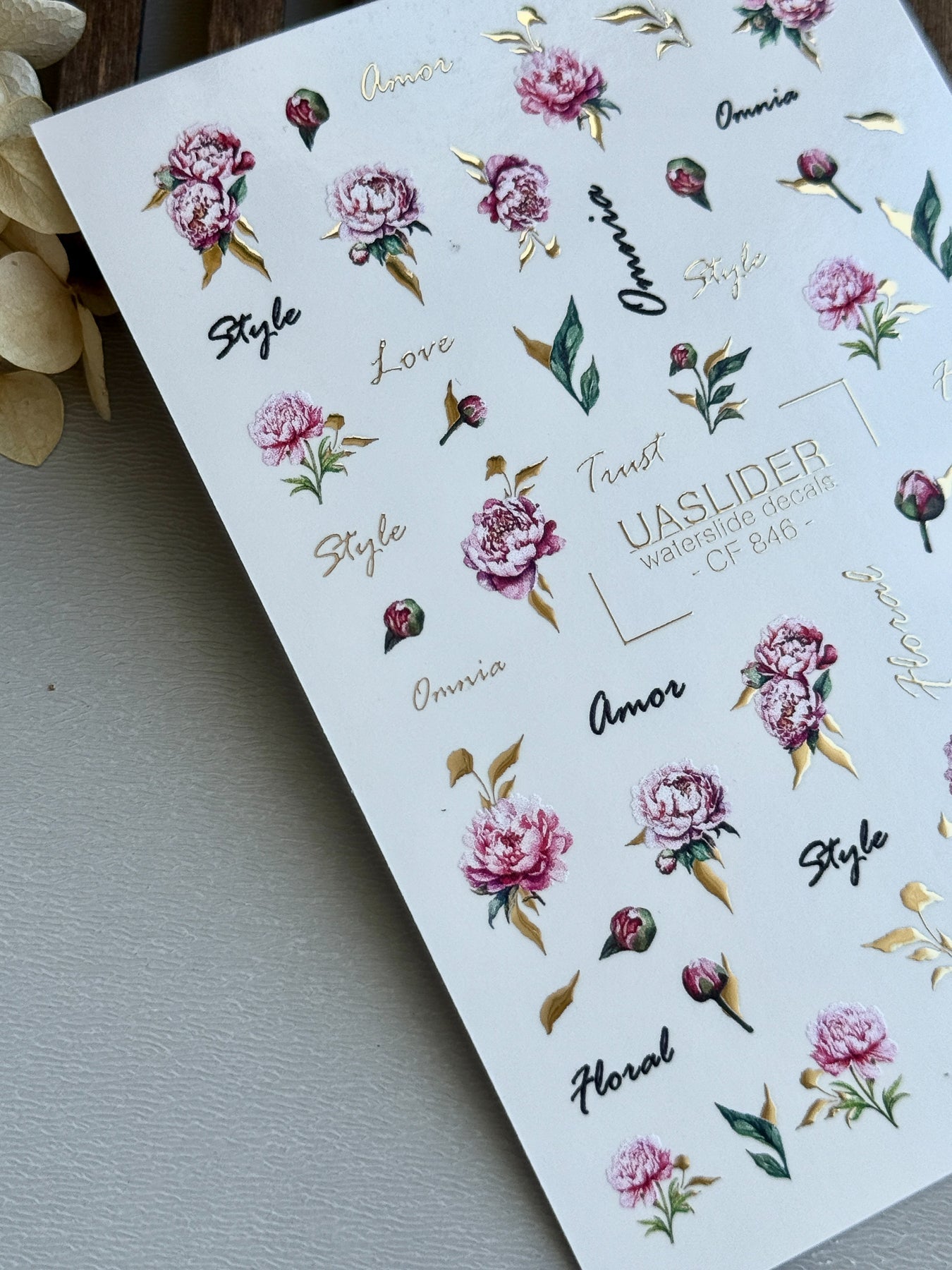 Peony Nail Decals — Pink Flowers, Script Words & Gold Foil | CF-846 - UASLIDER