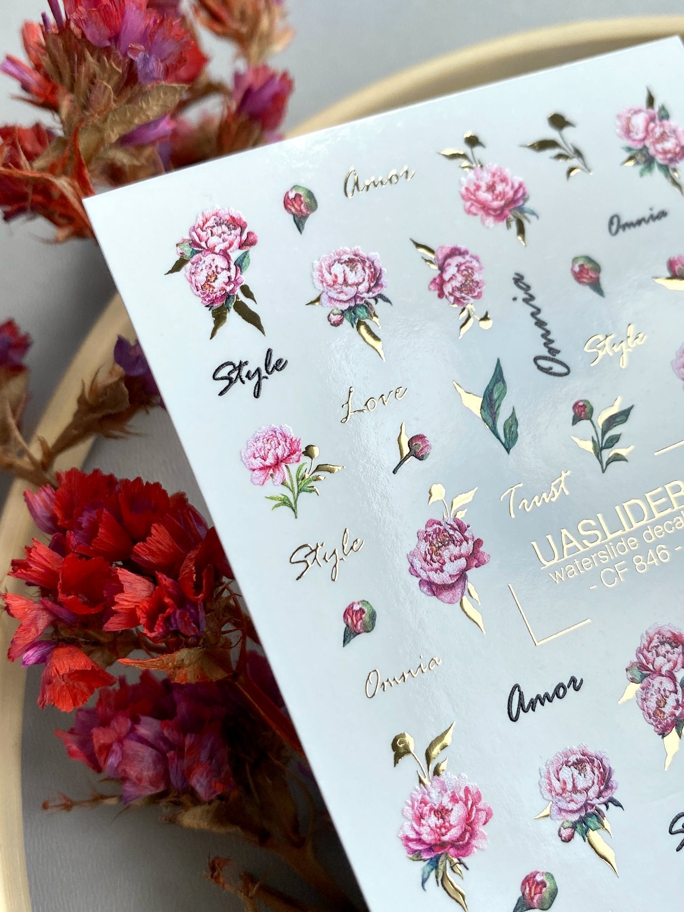 Peony Nail Decals — Pink Flowers, Script Words & Gold Foil | CF-846 - UASLIDER