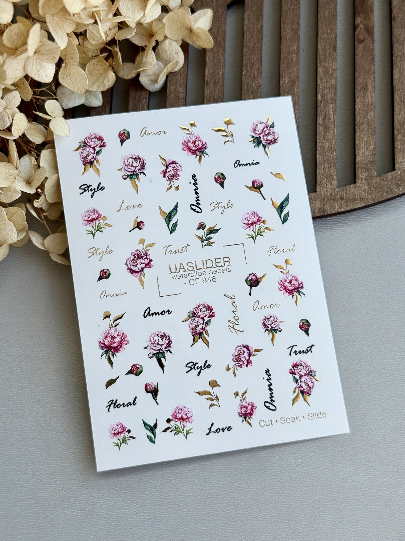 Peony Nail Decals — Pink Flowers, Script Words & Gold Foil | CF-846 - UASLIDER
