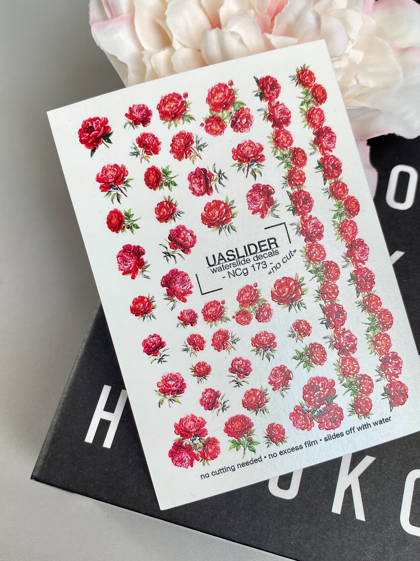 Peony Nail Decals — Red Botanical Peonies, All Sizes | NCg-173 - UASLIDER