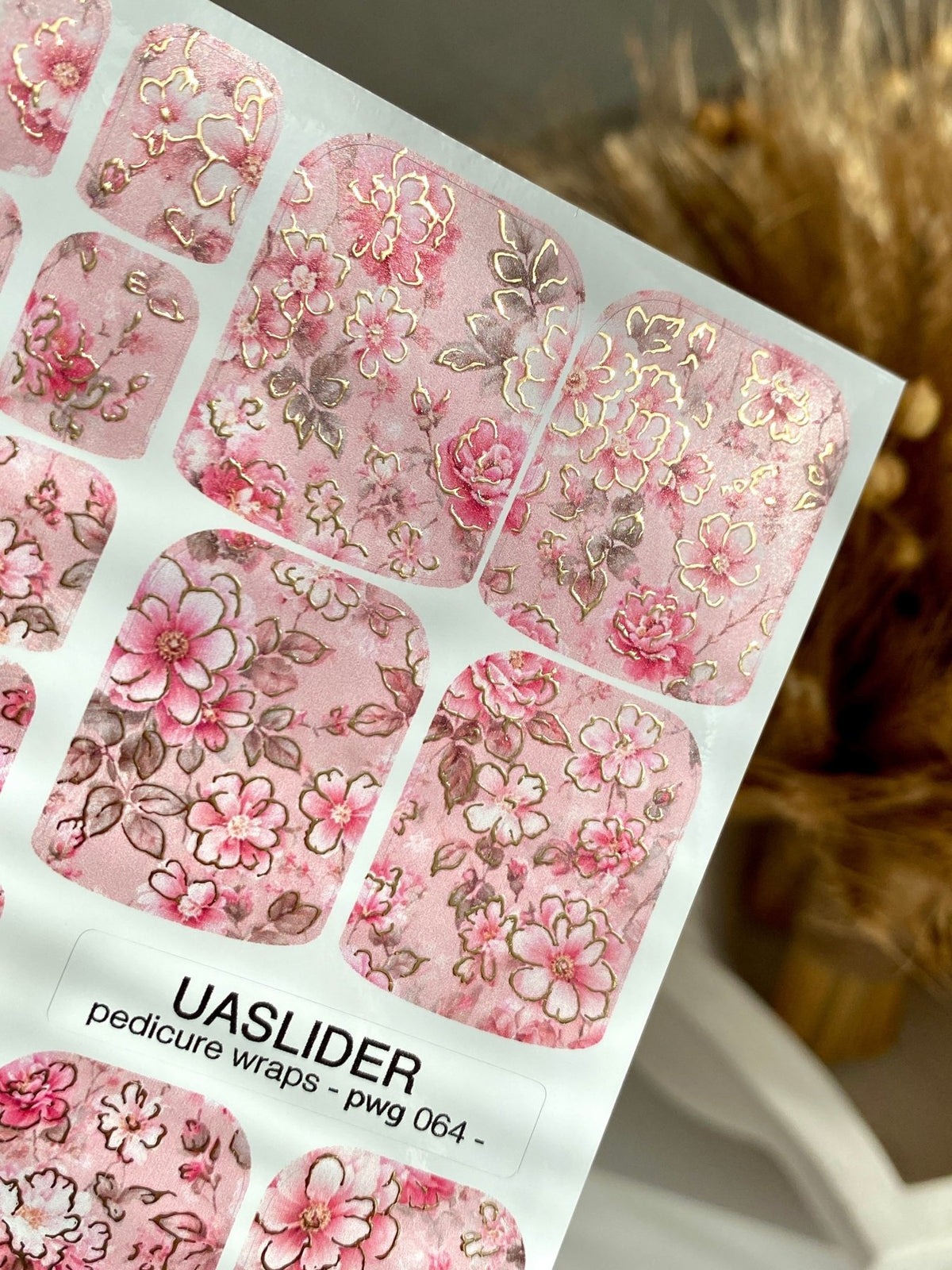 Pink Floral Pedicure Nail Wraps — Gold Foil Garden | pwg-064 - UASLIDER