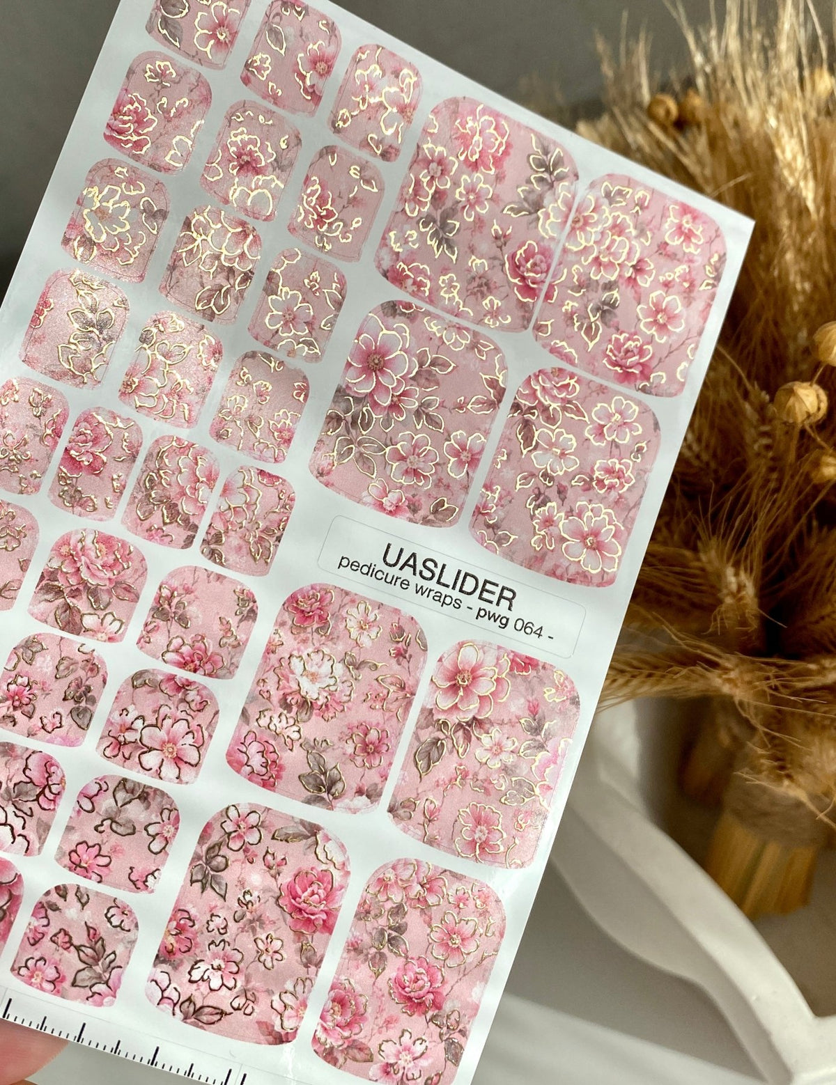 Pink Floral Pedicure Nail Wraps — Gold Foil Garden | pwg-064 - UASLIDER