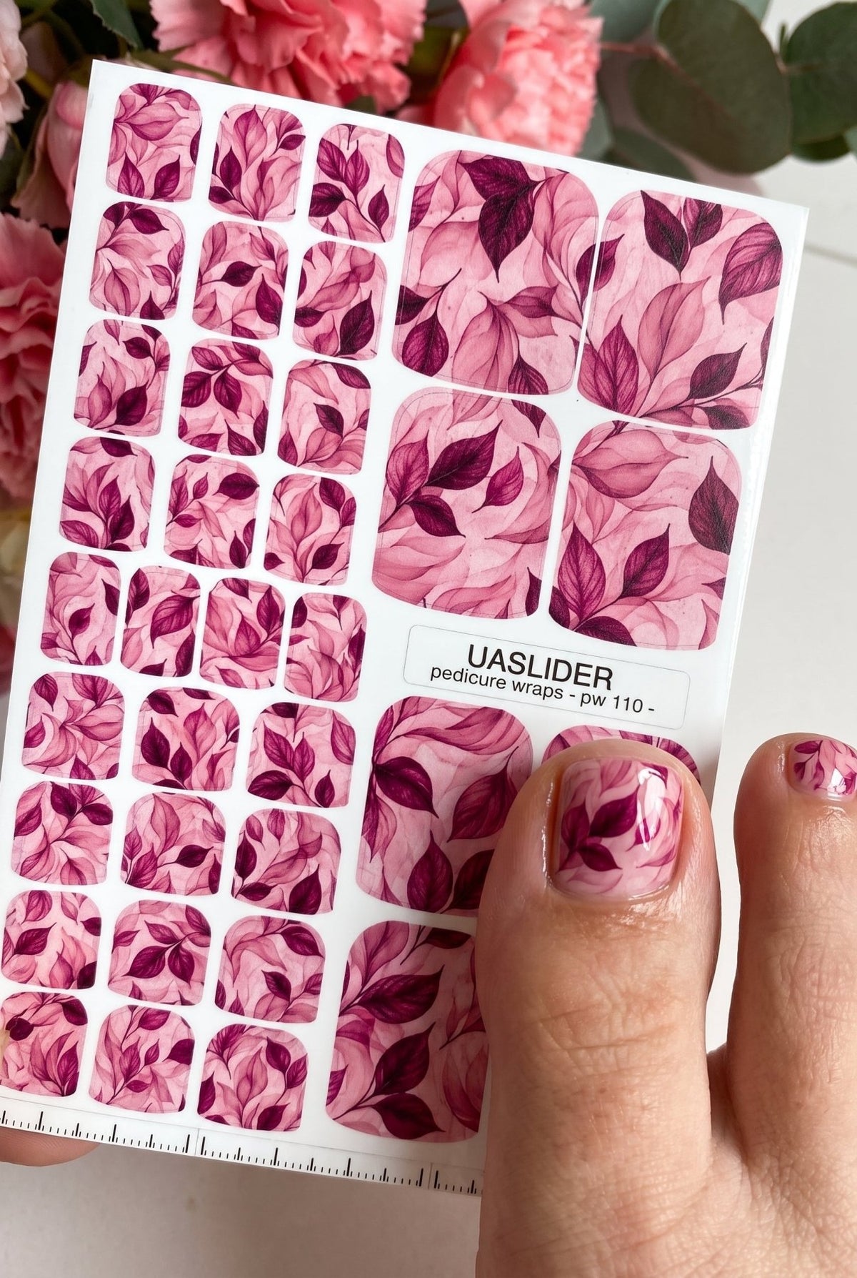 Pink Leaf Pedicure Wraps — Burgundy Botanical Print | pw-110 - UASLIDER