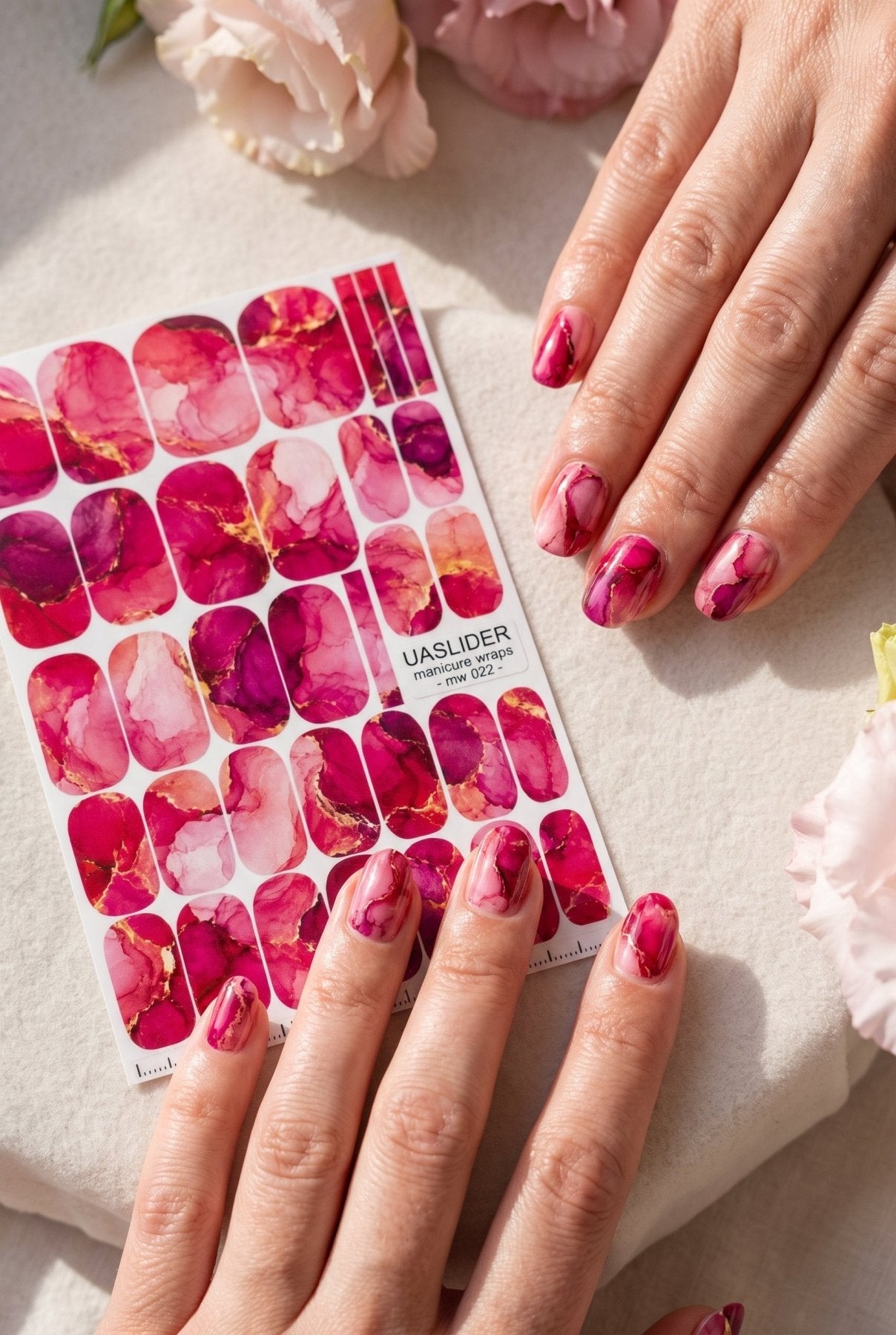 Pink Watercolor Marble Manicure Wraps — Golden Yellow Veins | mw-022 - UASLIDER