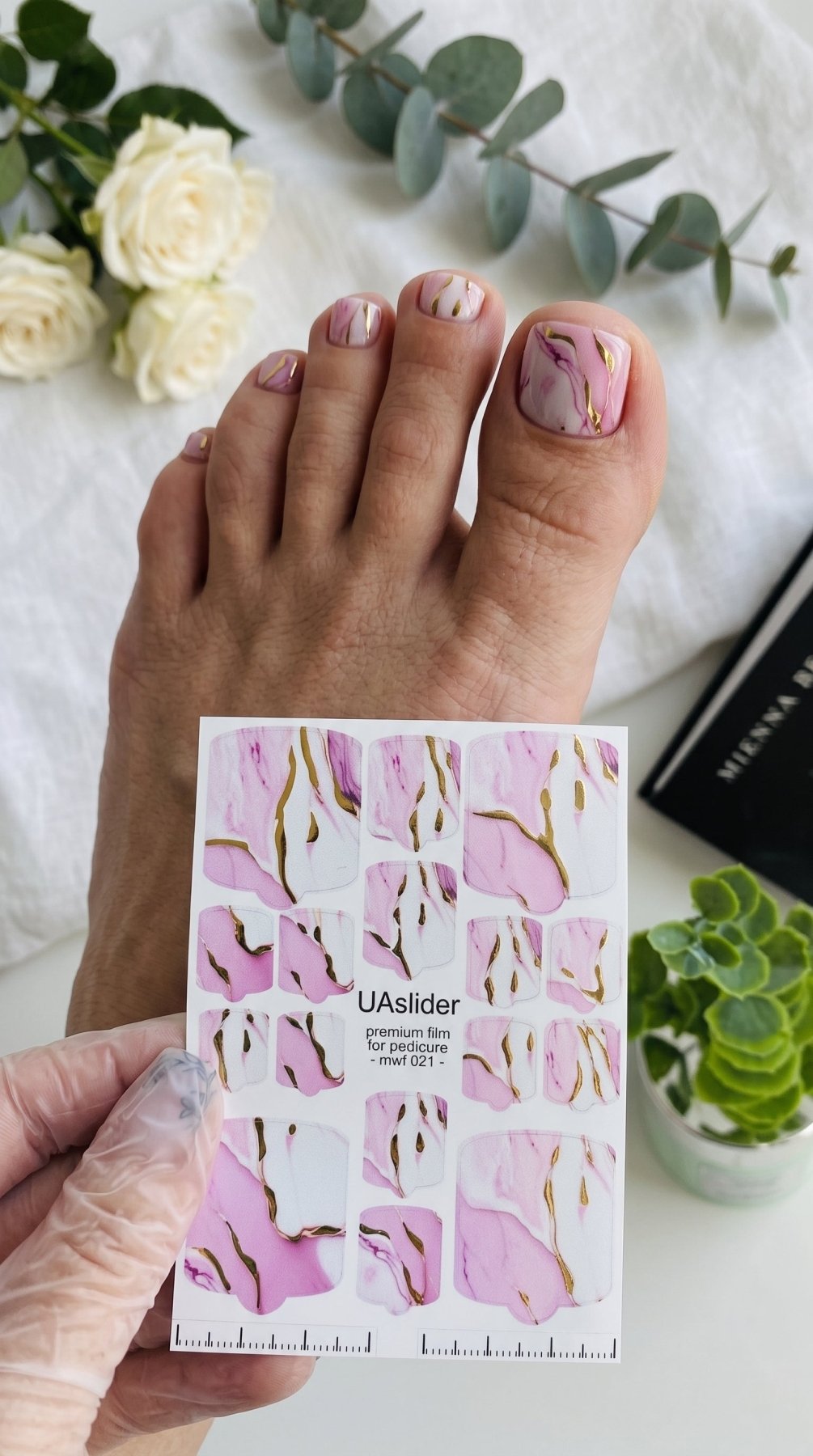 Pink White Pedicure Nail Wraps — Pink White Marble Gold Foil | mwf-021 - UASLIDER