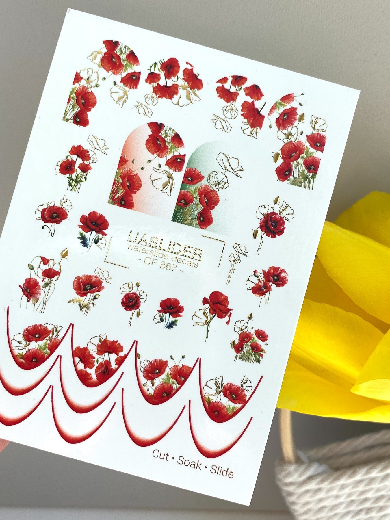 Poppy Nail Decals — Red Poppies & Gold Foil Outlines | CF - 867 - UASLIDER