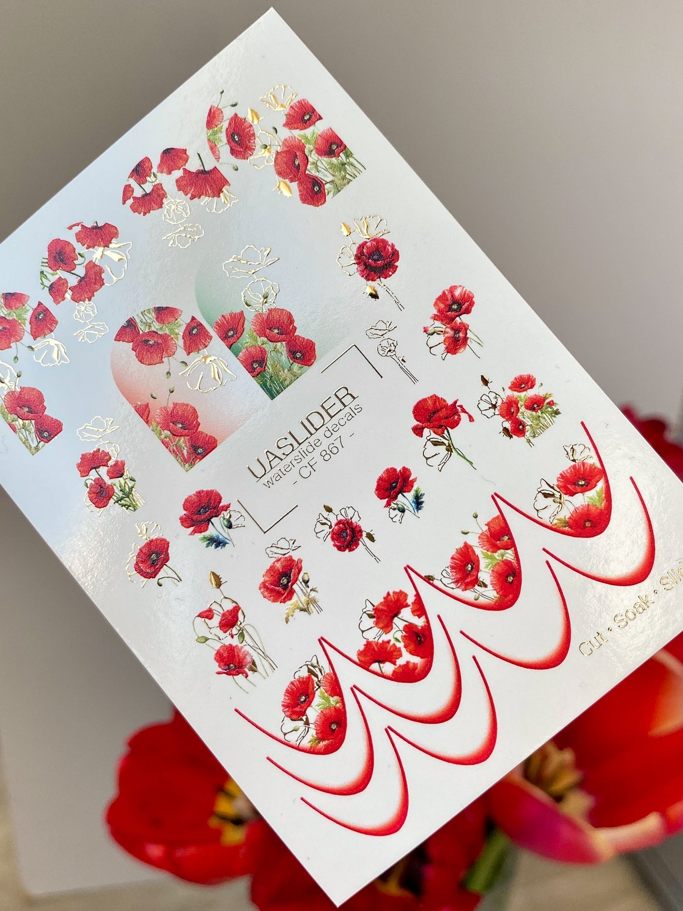 Poppy Nail Decals — Red Poppies & Gold Foil Outlines | CF - 867 - UASLIDER