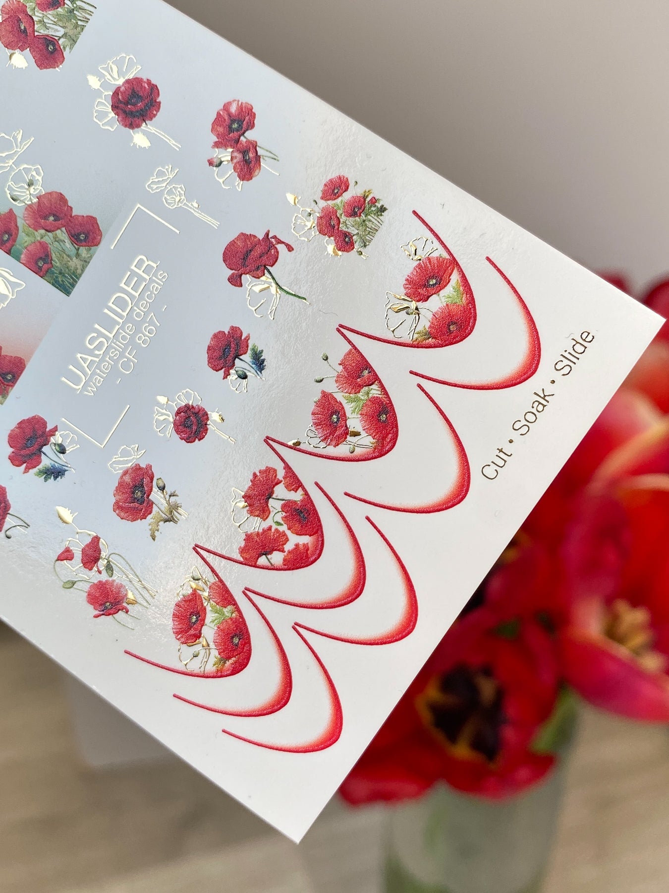 Poppy Nail Decals — Red Poppies & Gold Foil Outlines | CF - 867 - UASLIDER