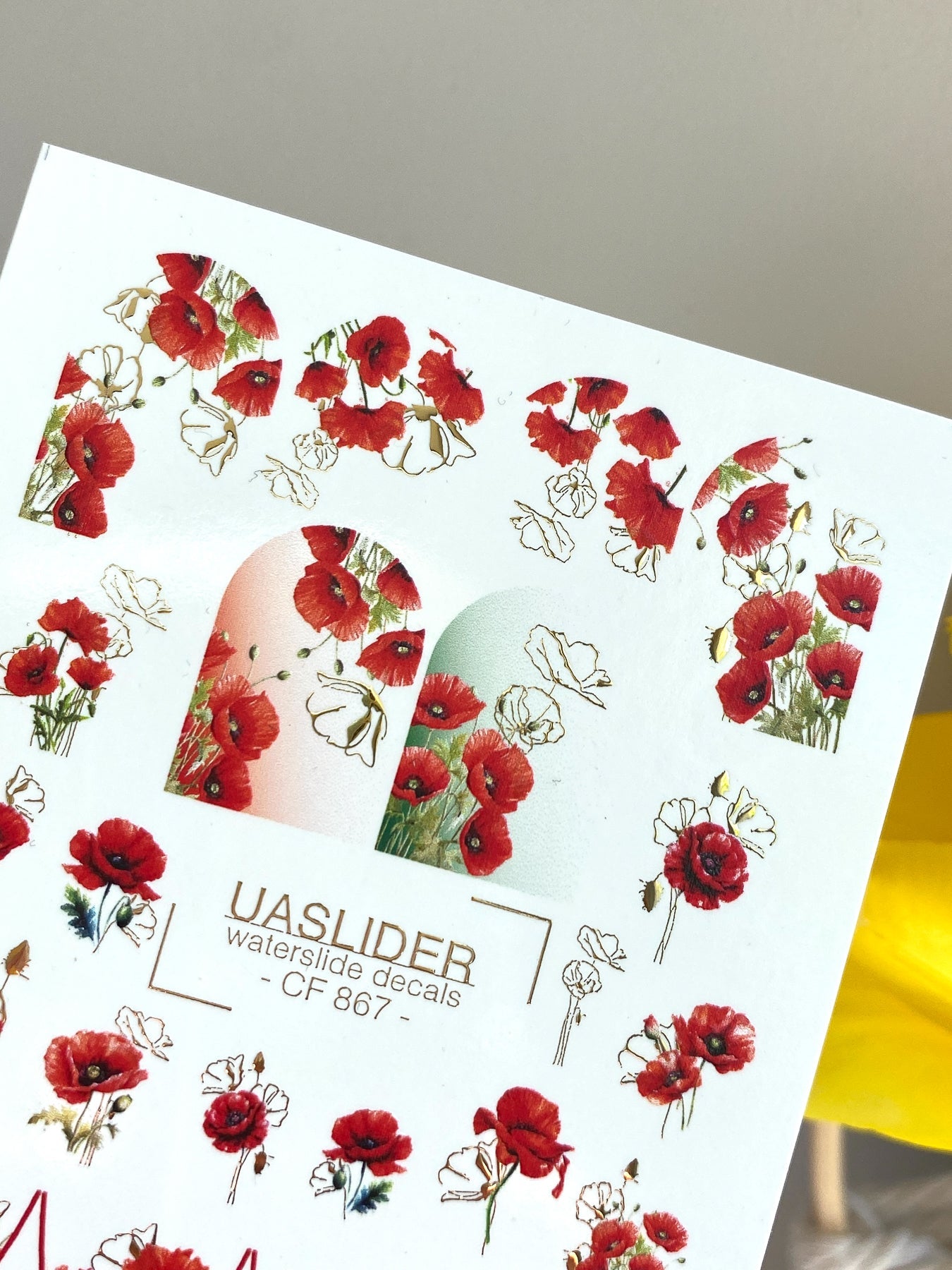 Poppy Nail Decals — Red Poppies & Gold Foil Outlines | CF - 867 - UASLIDER